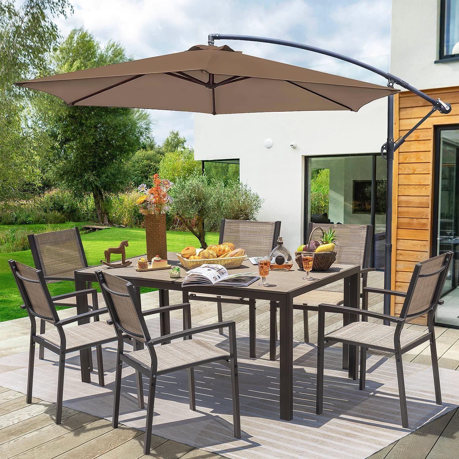 Homall Patio Dining Set 7 Pieces Outdoor Furniture with Large Table and 6 Textilene Chairs for Porch, Brown wourant