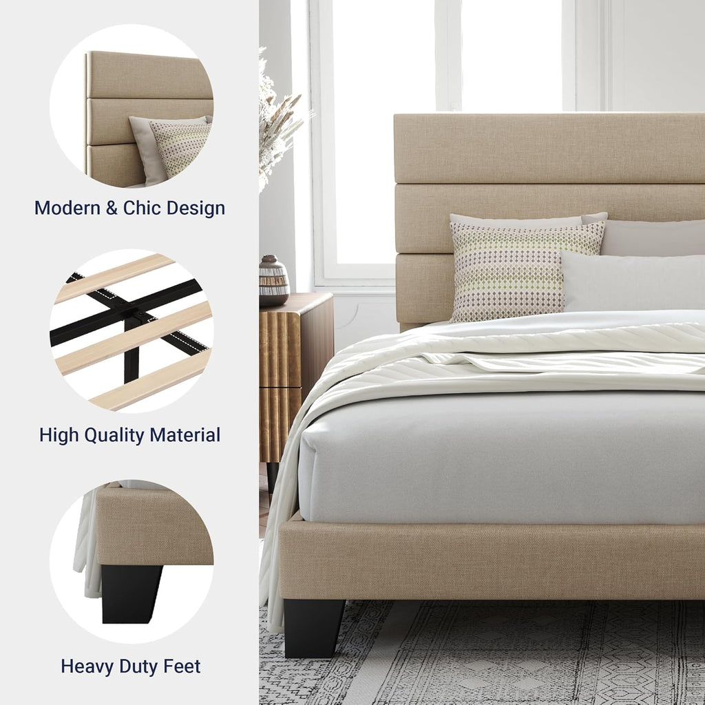 Allewie Queen Size Platform Bed Frame Fabric Upholstered Headboard Wooden Slats Support wourant