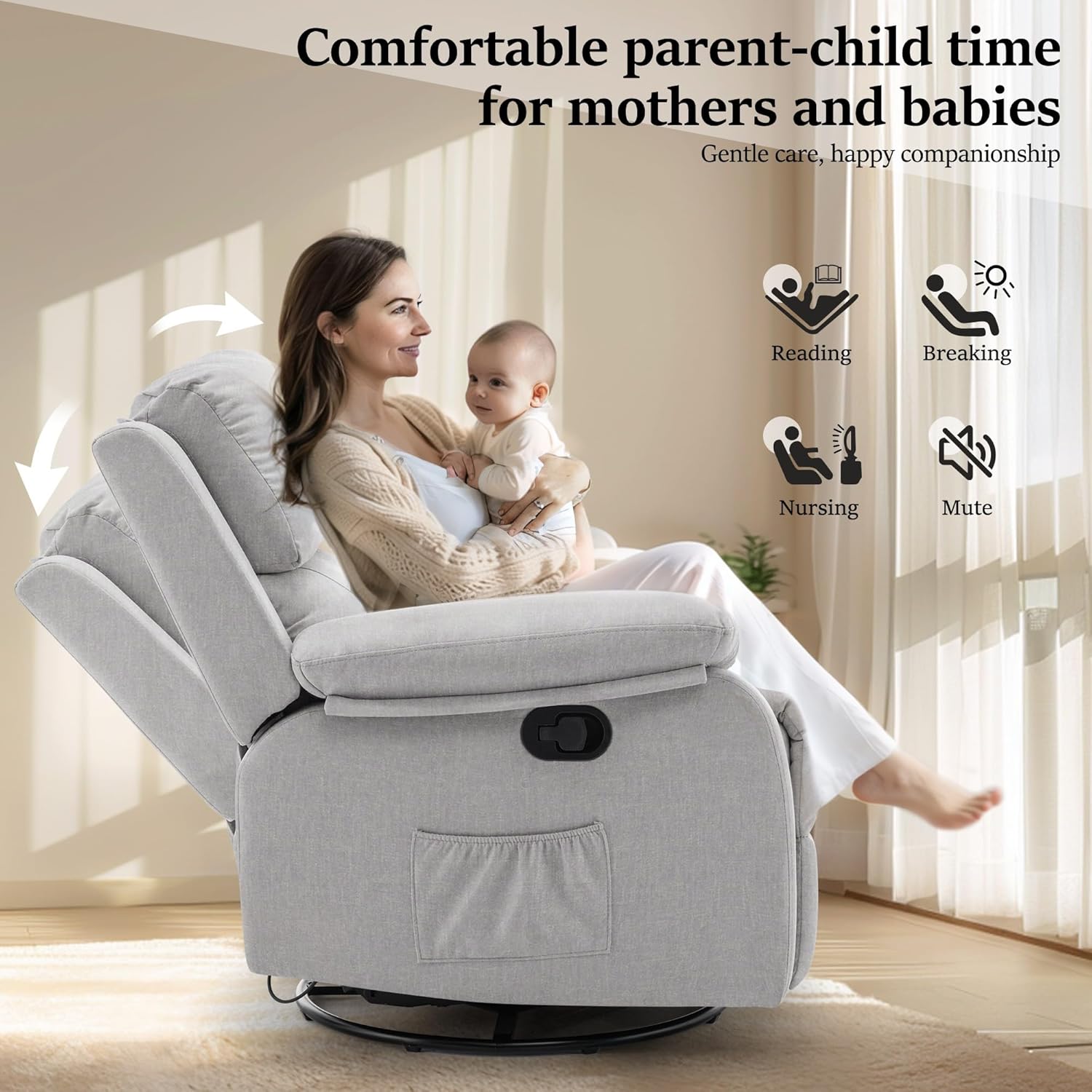 Reclining rocking chair 360 degree rotating fabric sliding reclining chair wourant