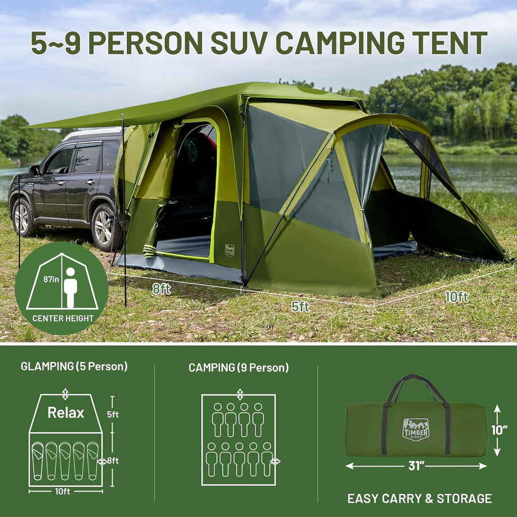 TIMBER RIDGE 5-9 Person SUV Tent with Screen Porch and Awning for Family Camping, Weather Resistant and Portable Van or Car Tent, Includes Rainfly and Storage Bag, 13' W X 10' L X 7.1' H wourant