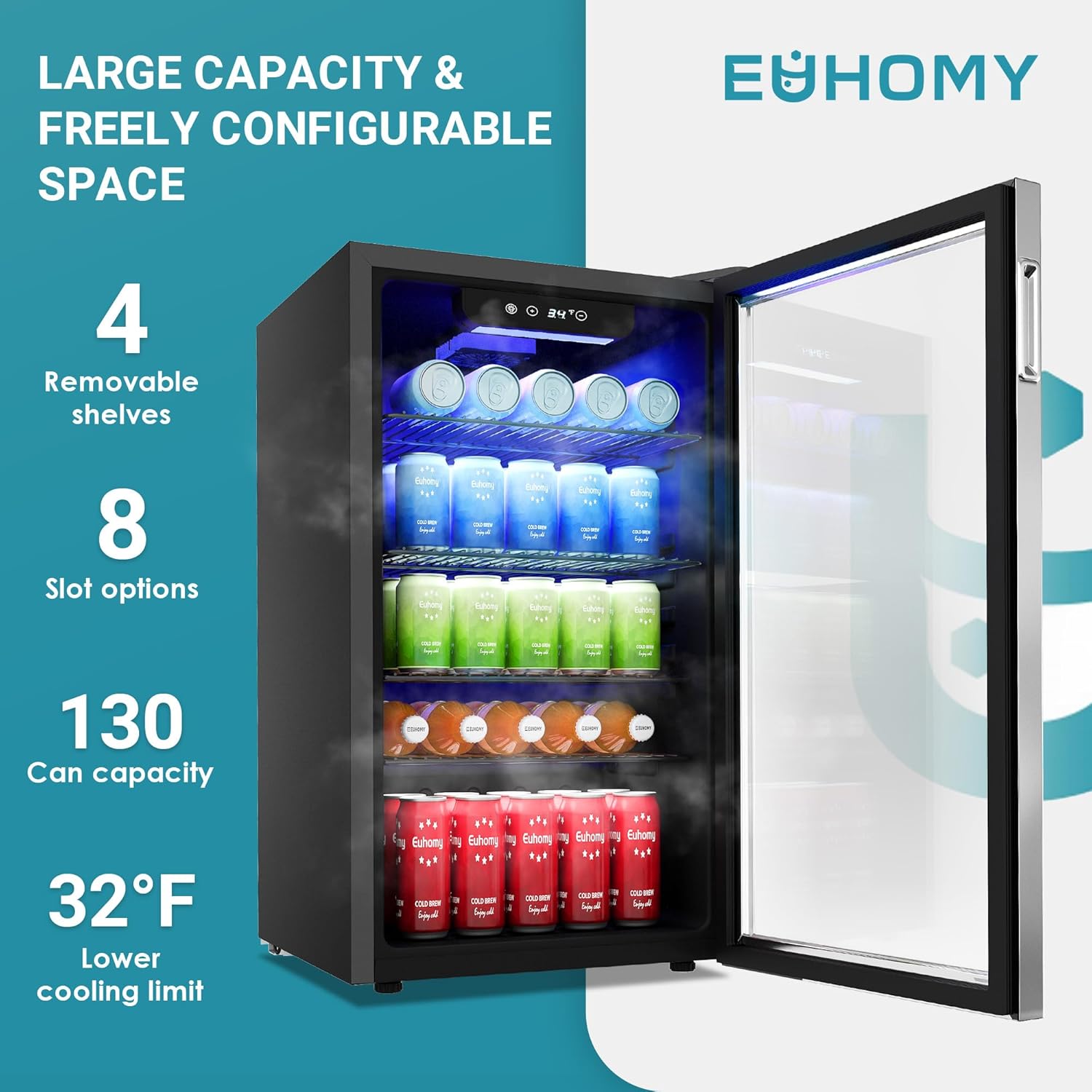 EUHOMY Beverage Refrigerator Cooler, 130 Can Mini Fridge with Glass Door for Soda Beer or Wine, Beverage Cooler for Home, Office, Bar with Adjustable Removable Shelves, Silver wourant