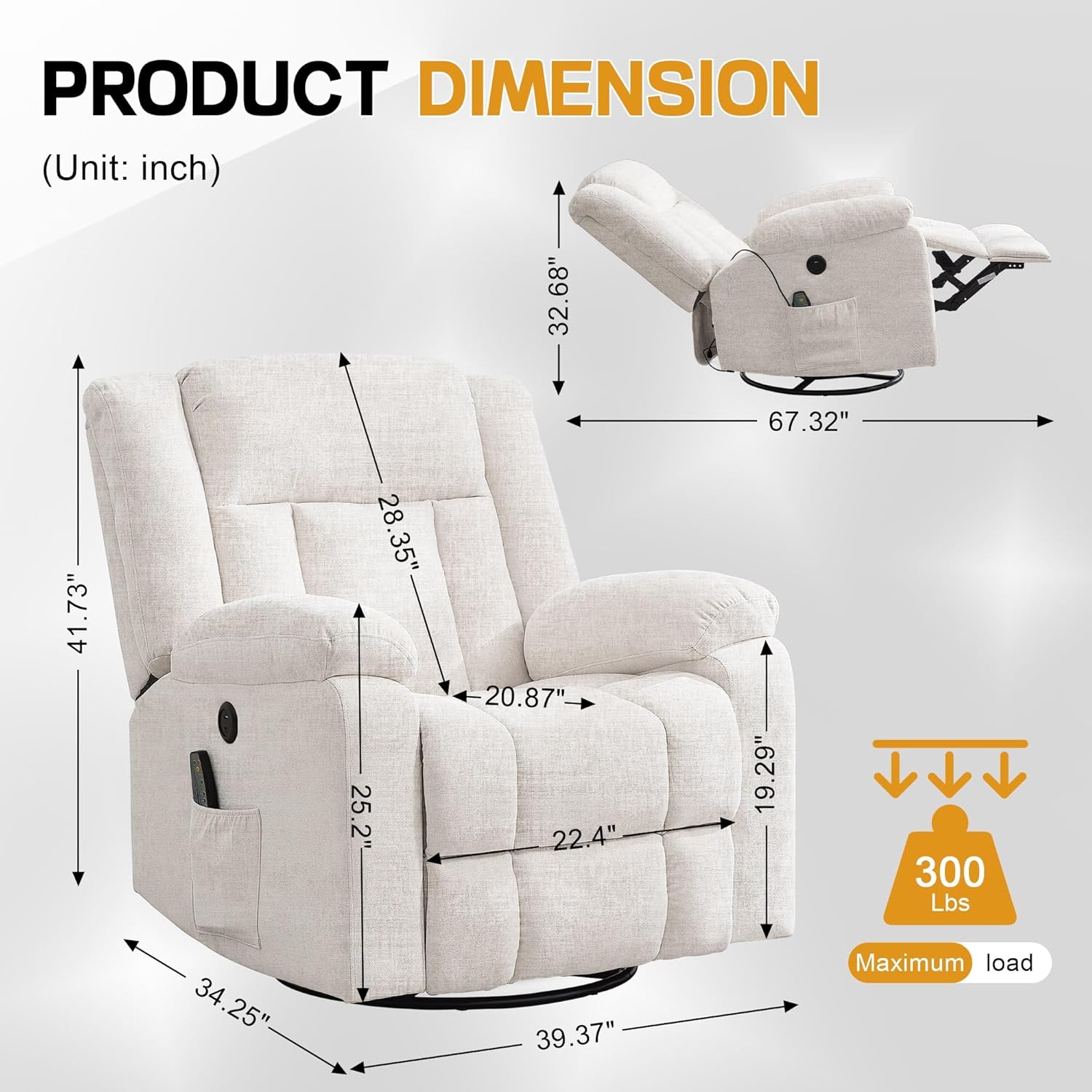 Rocker Recliner, Glider Recliner Chairs for Adults, 360° Swivel Rocking Chair with Massage and Heating, Nursery Chair with Storage and USB Charging for Living Room, Bedroom, Nursery wourant