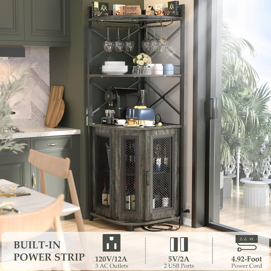 Corner bar cabinet with power socket, industrial style wine cabinet with LED light strip and glass rack, home five-layer wine cabinet bar unit, small space corner display cabinet wourant