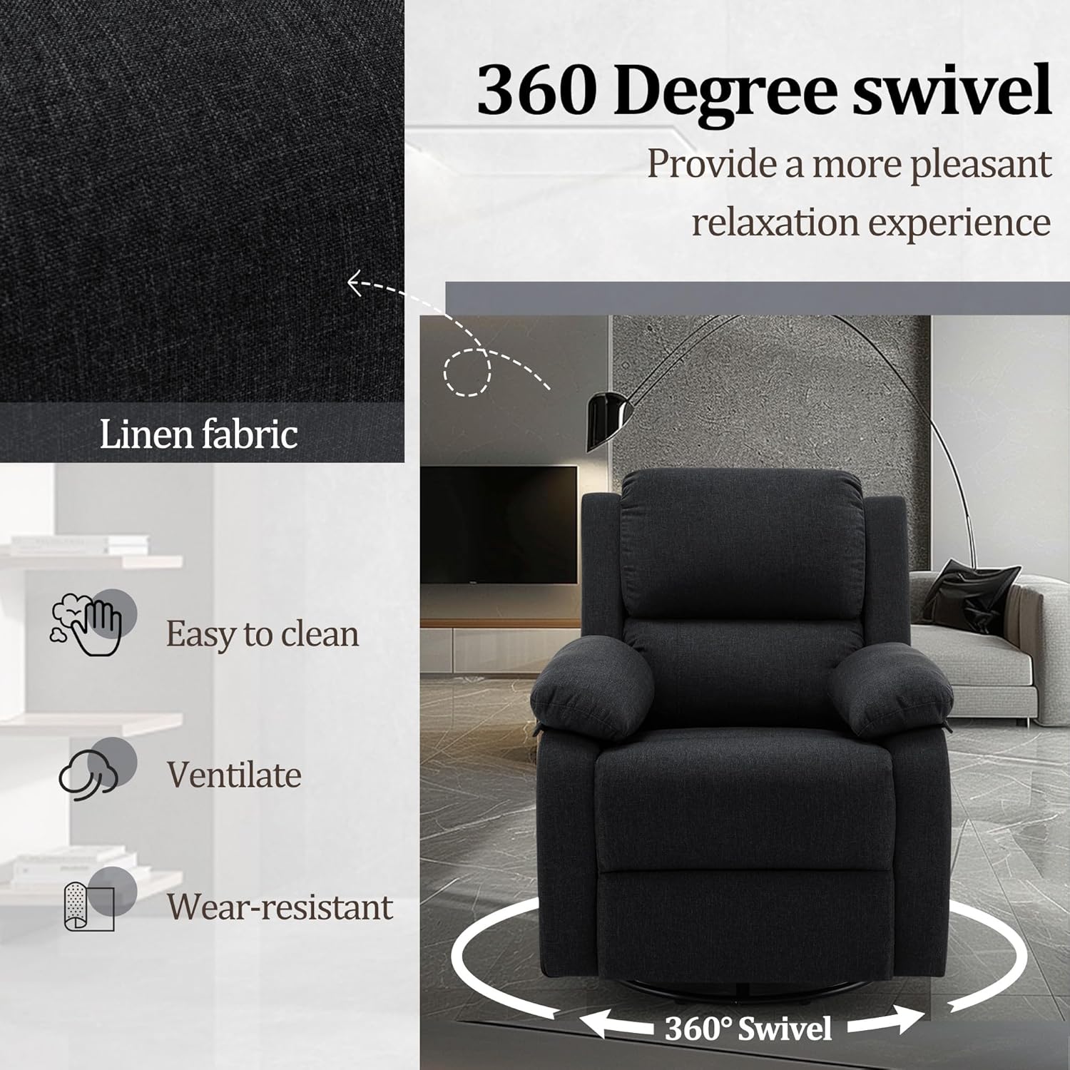 Reclining rocking chair 360 degree rotating fabric sliding reclining chair wourant
