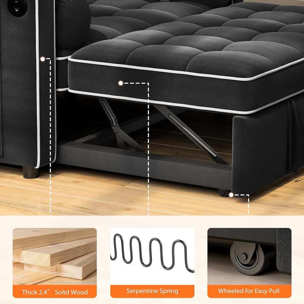 Pipishell 3 in 1 Convertible Sleeper Sofa Bed,Pull Out Couch for Living Room with USB Ports & Side Pockets,Adjustable Backrest,Velvet,Loveseat Sofa Bed,Futon Couches,Black wourant