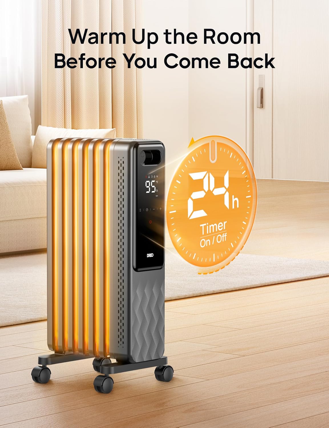 Dreo Oil Filled Radiator, Electric Radiant Heaters for indoor use Large Room with Remote Control, Child Lock, 4 Modes, Overheat & Tip-Over Protection, 24h Timer, Digital Thermostat, Quiet, 1500W wourant