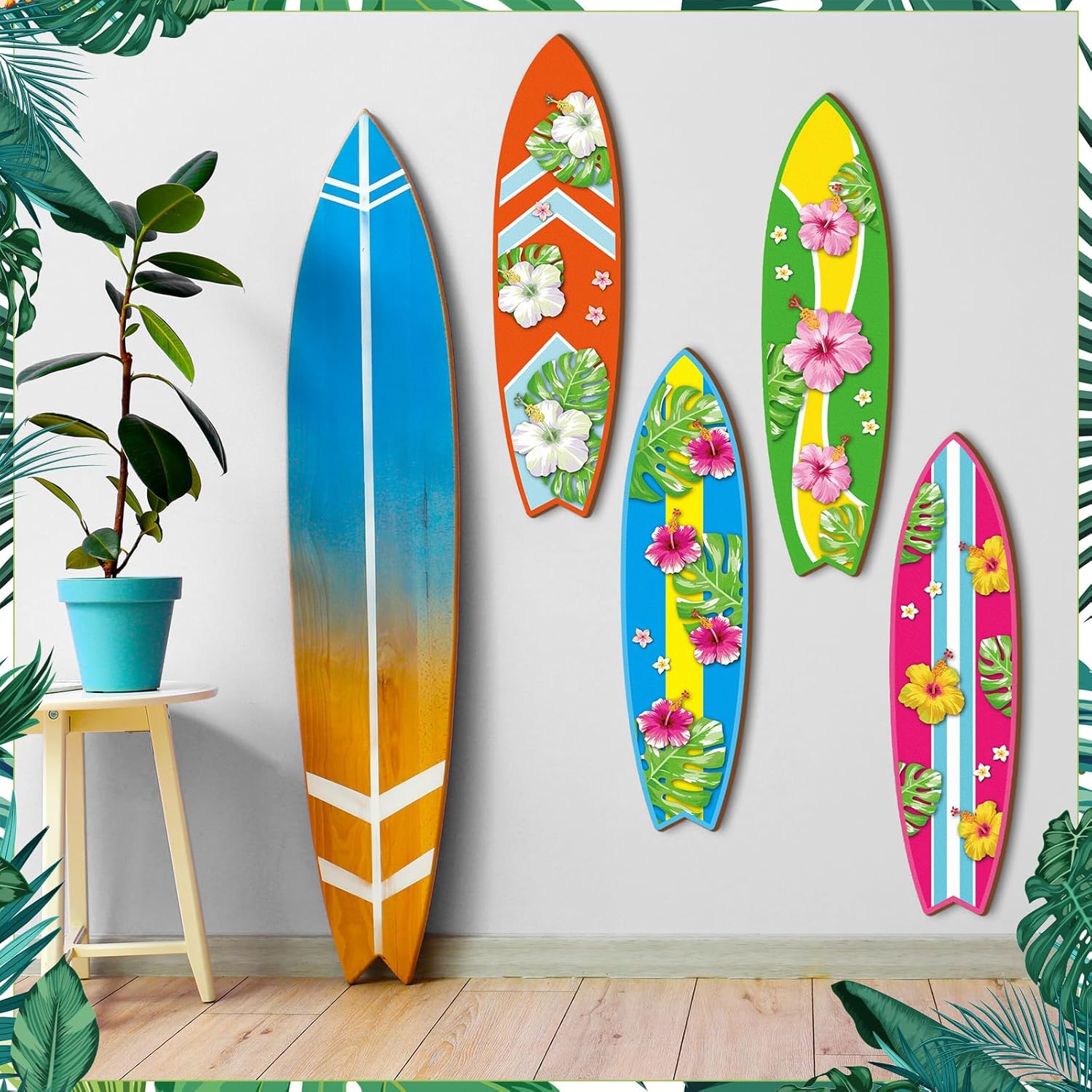 Blulu 4 Pcs Surfboard Wall Decor Surfboard Wall Hanging Sign Wooden Beach Decoration Summer Theme Decor Hawaiian Luau Party Decoration for Home Bar Aloha Tropical Birthday Party(Tiki) wourant