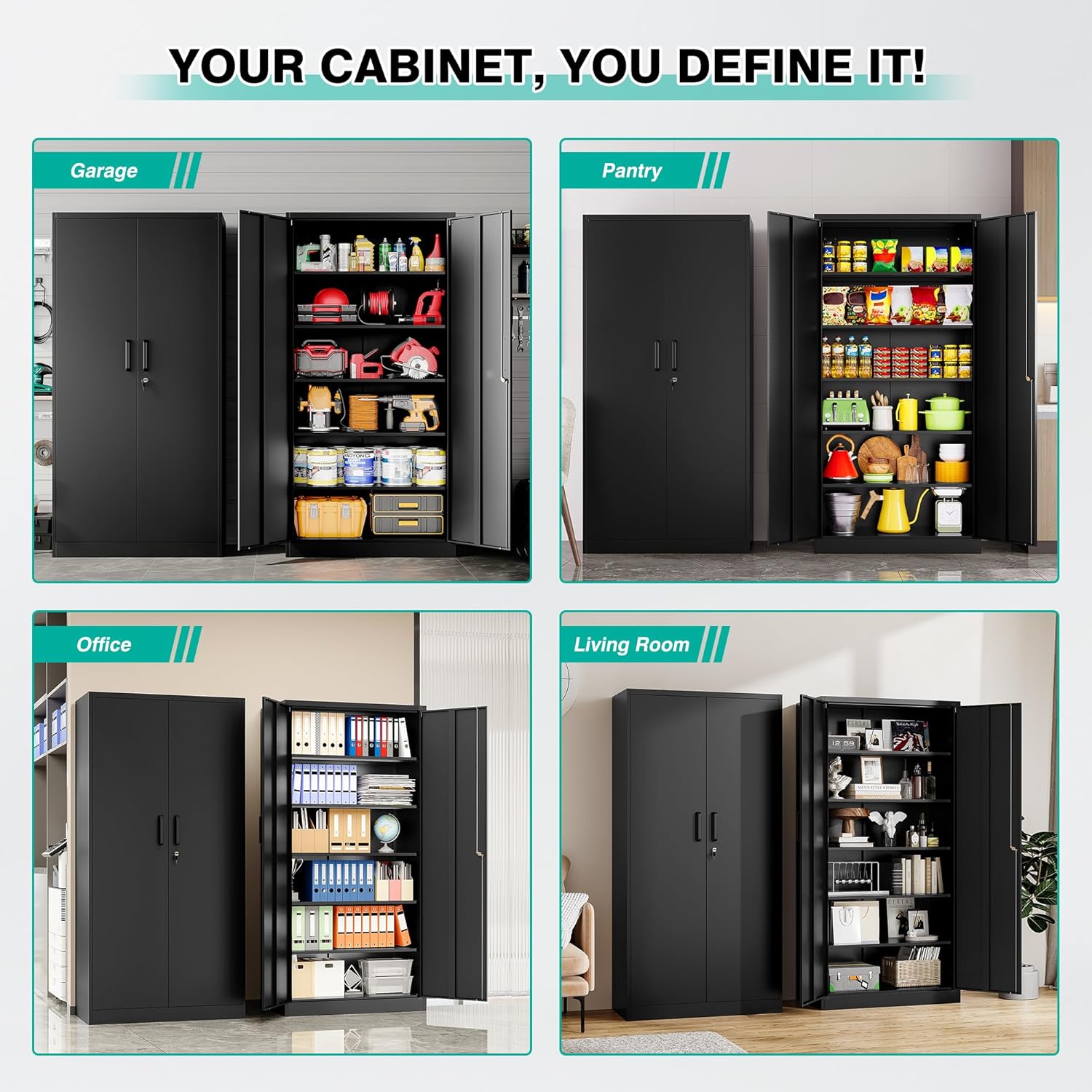 Metal Storage Cabinet with 2 Doors and 6 Shelves, Black Metal Cabinet with Lock, 71 Inch Lockable Garage Storage Cabinet wourant