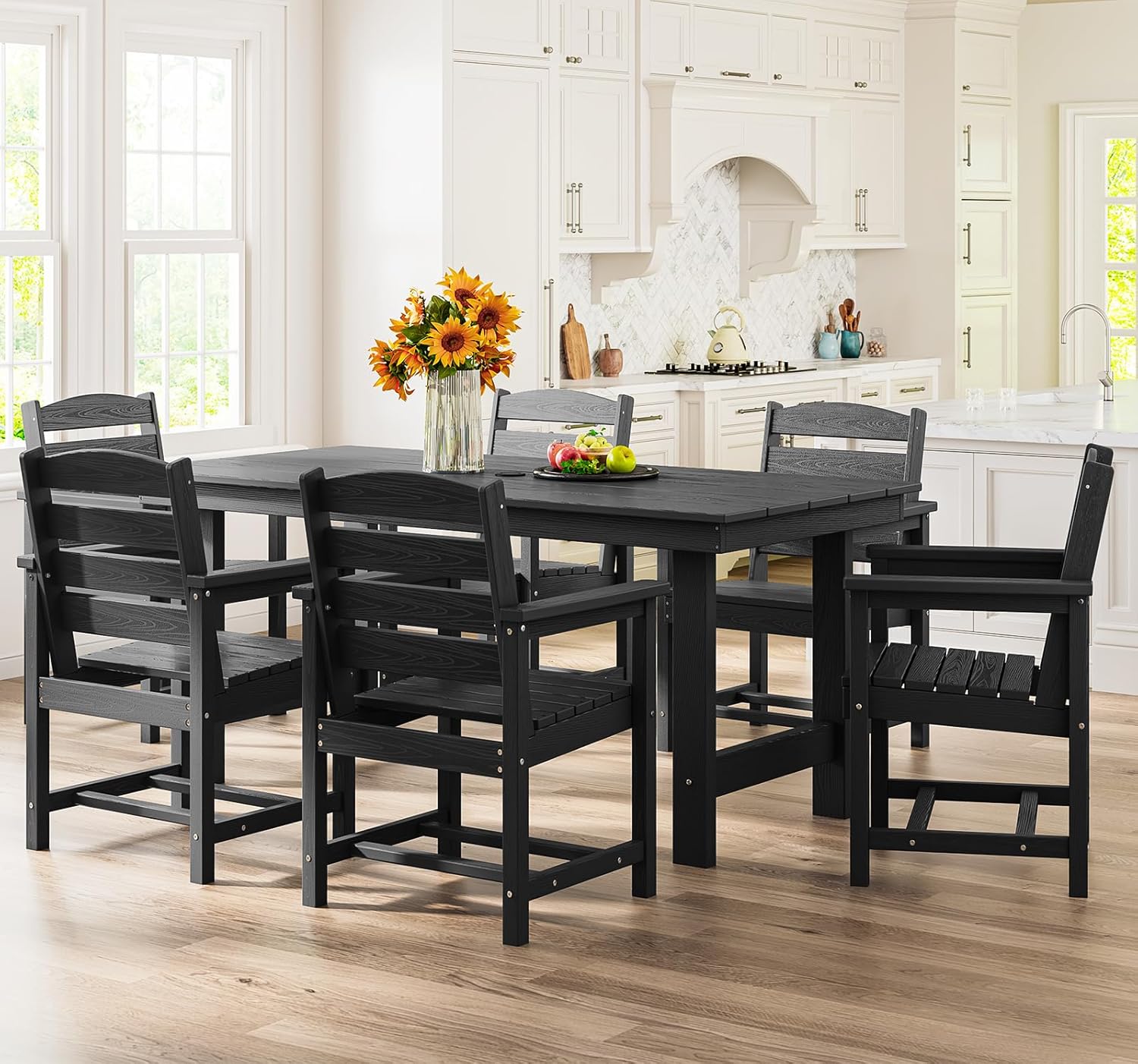 Outdoor HDPE Dining Table Set, 7-Piece Outdoor Dining Table Sets with Umbrella Hole Cut-Out Table and 6 Chairs wourant