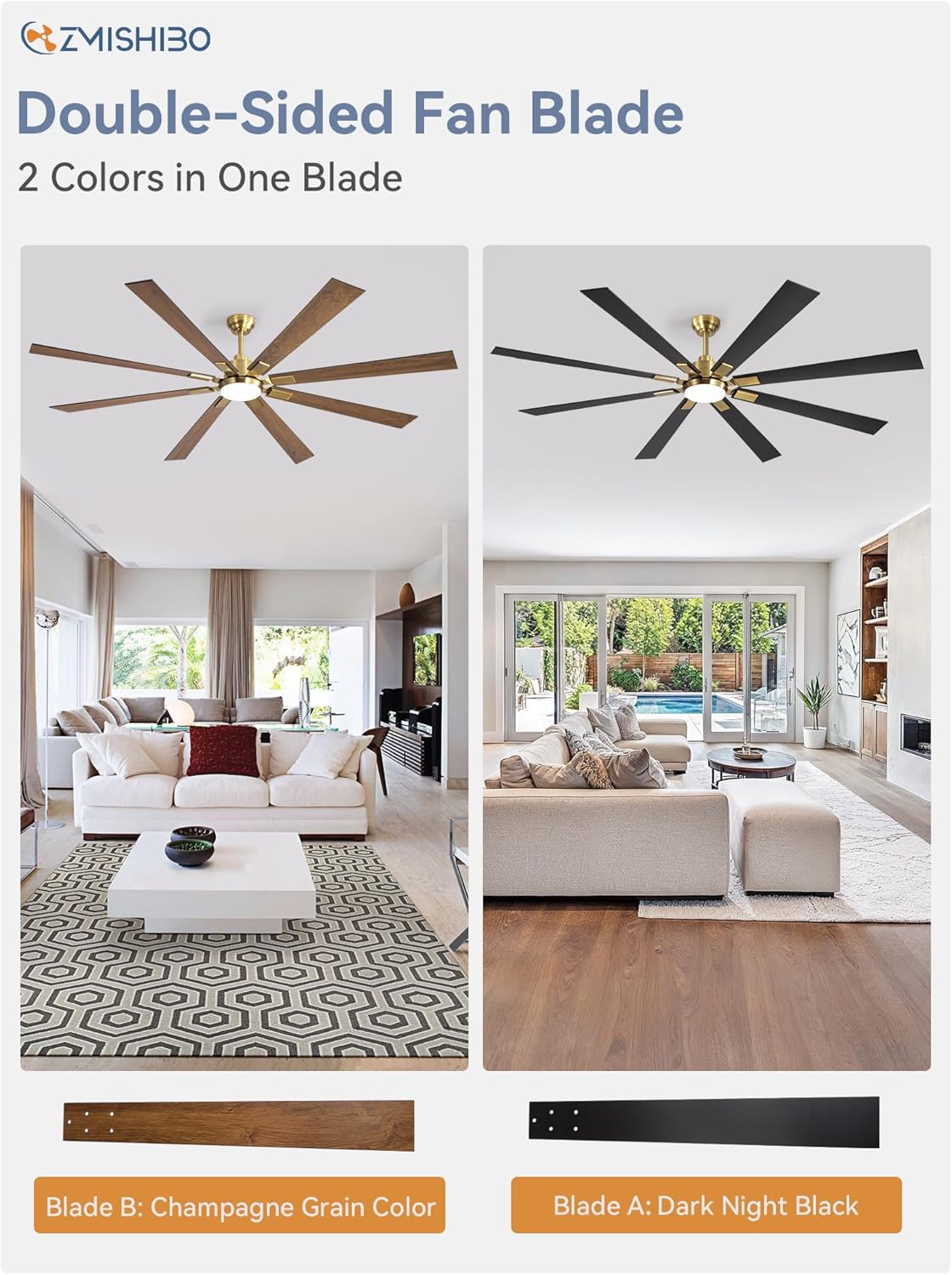 ZMISHIBO 72 inch Large Ceiling Fans with Lights and Remote, Indoor/Outdoor Black Modern Ceiling Fan for Kitchen Living Room Patio, 6 Speed Reversible Quiet DC Motor, 3 CCT, Dual Finish 8 Blades wourant