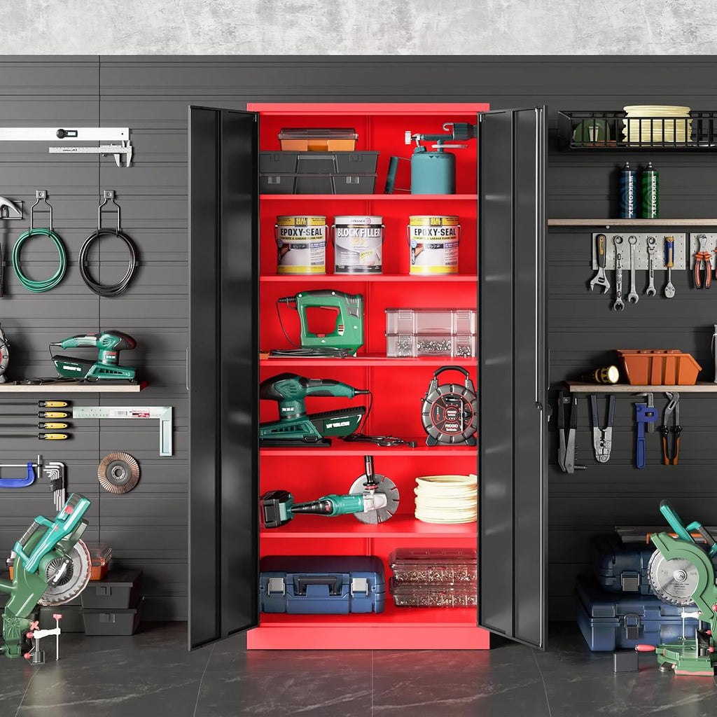 Metal Storage Cabinet with 2 Doors and 6 Shelves, Black Metal Cabinet with Lock, 71 Inch Lockable Garage Storage Cabinet wourant
