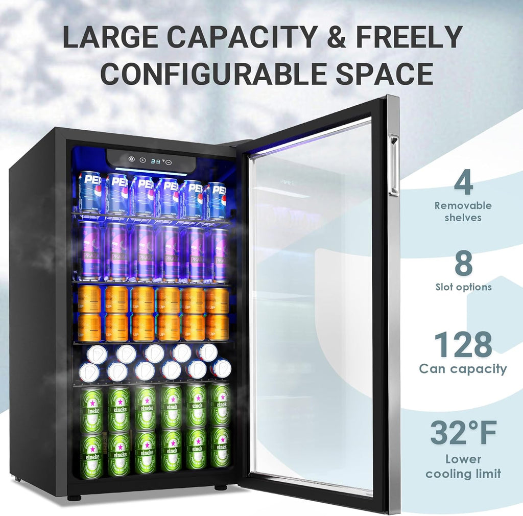 EUHOMY Beverage Refrigerator Cooler, 130 Can Mini Fridge with Glass Door for Soda Beer or Wine, Beverage Cooler for Home, Office, Bar with Adjustable Removable Shelves, Silver wourant
