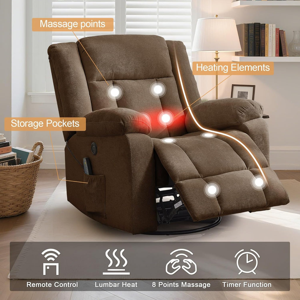 Rocker Recliner, Glider Recliner Chairs for Adults, 360° Swivel Rocking Chair with Massage and Heating, Nursery Chair with Storage and USB Charging for Living Room, Bedroom, Nursery wourant