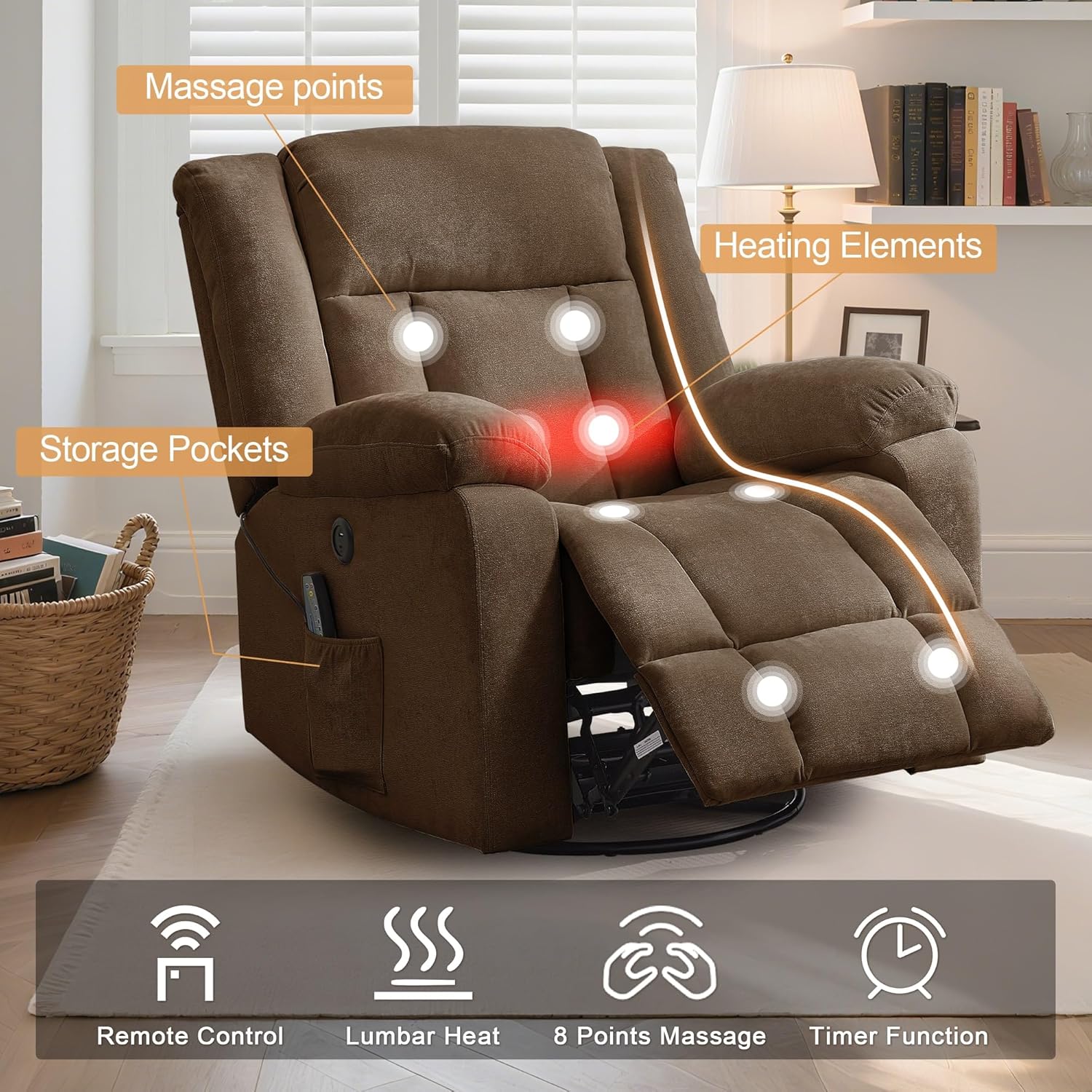 Rocker Recliner, Glider Recliner Chairs for Adults, 360° Swivel Rocking Chair with Massage and Heating, Nursery Chair with Storage and USB Charging for Living Room, Bedroom, Nursery wourant