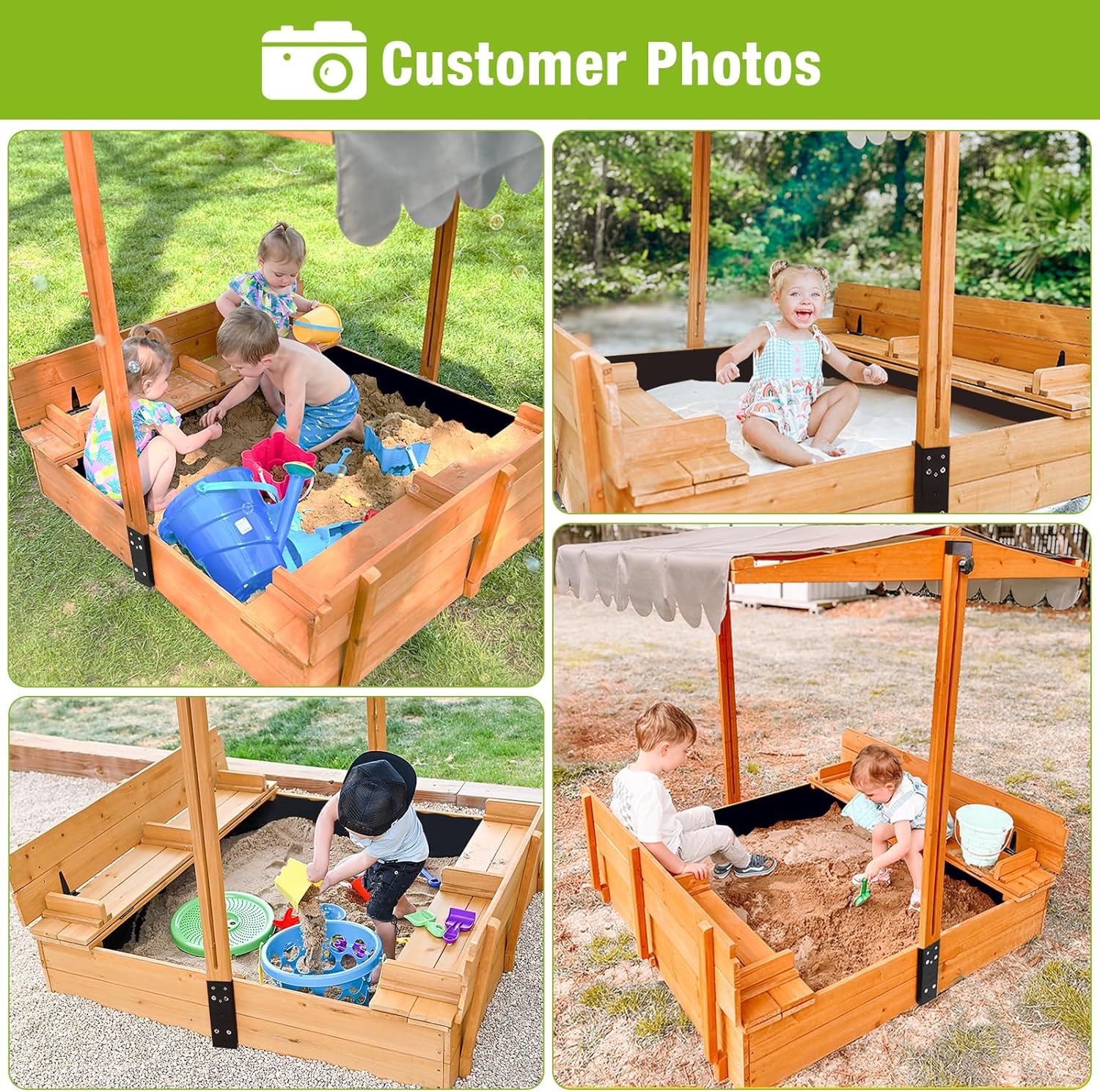 Kids Wooden Outdoor Sandbox w/Canopy, 2 Foldable Bench Seats, Retractable Roof Sand Protection Liner 47x47-Inch wourant