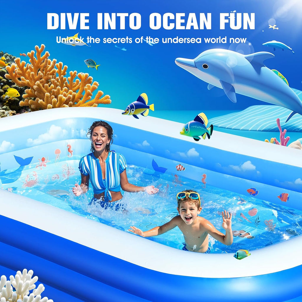 Inflatable Pool with Canopy,Upgraded Inflatable Swimming Pool for Kids,Adult,Large Inflatable Blow up Pools,Ocean Theme Oversized Thickened 105"x75"x25"Inflatable Family Pools for Backyard-Blue wourant