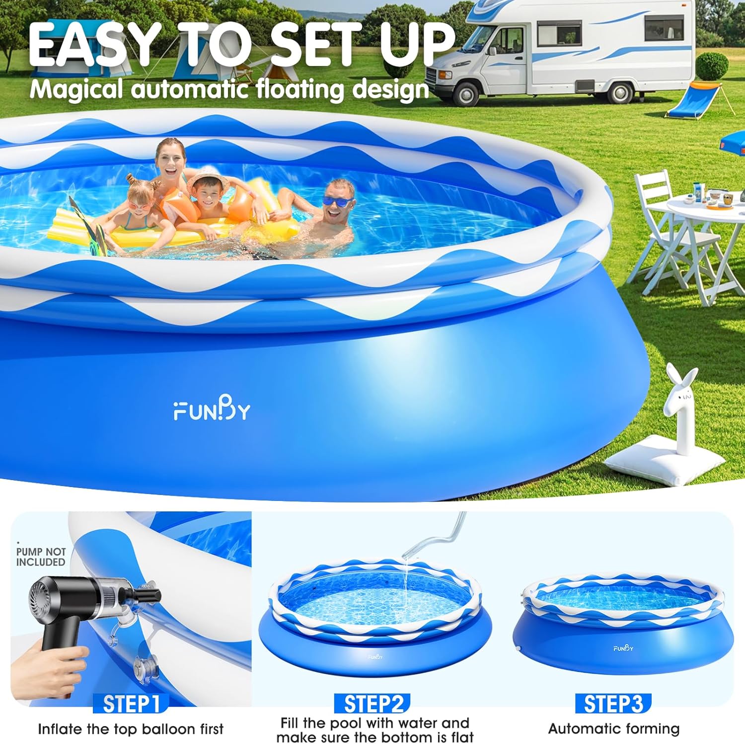 Upgraded Double Rings Inflatable Above Ground Pool Easy Set,Inflatable Swimming Pool for Adults,Inflatable Top Rings Above Ground Swimming Pool,Water Ripple Print,500 Gal Capacity (8ftx26in) wourant