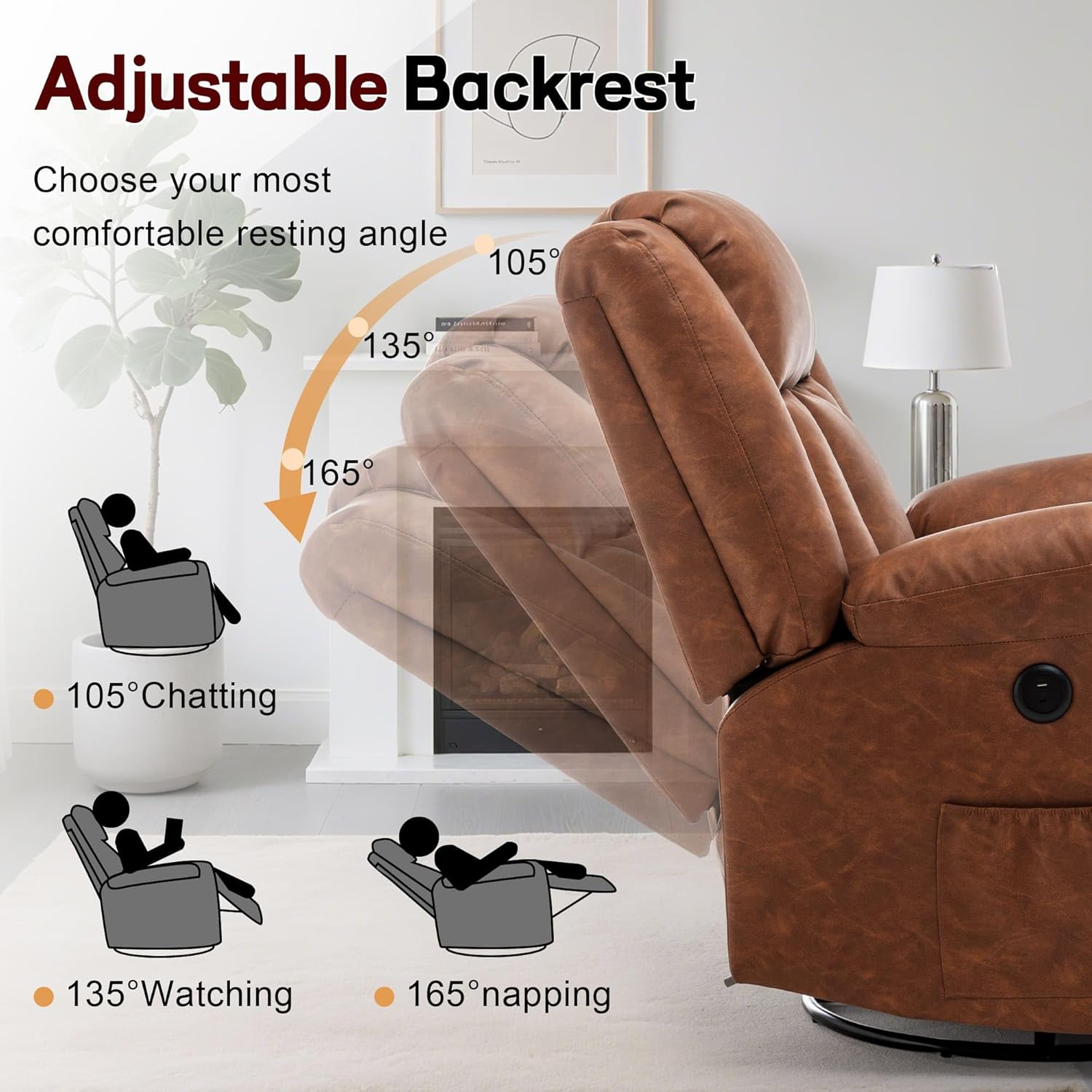 Adult rocking chair, gliding recliner, 360° rotating rocking chair with massage and heating function wourant