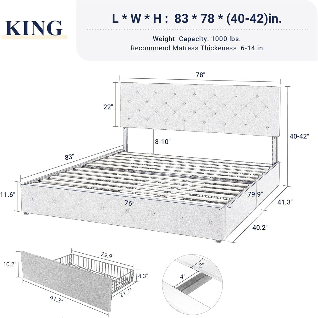 Allewie Upholstered Queen Size Platform Bed Frame with 4 Storage Drawers and Headboard wourant