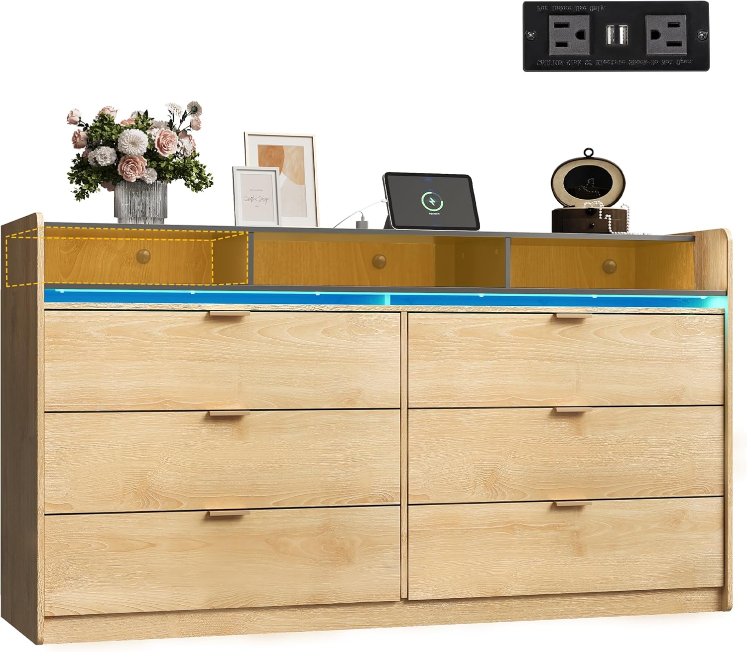 9 Drawer Led Dresser for Bedroom, 58.35'' Wide Wood Dresser Storage Organizer with Power Outlets for 65'' TV, Dressers with Open Shelves wourant