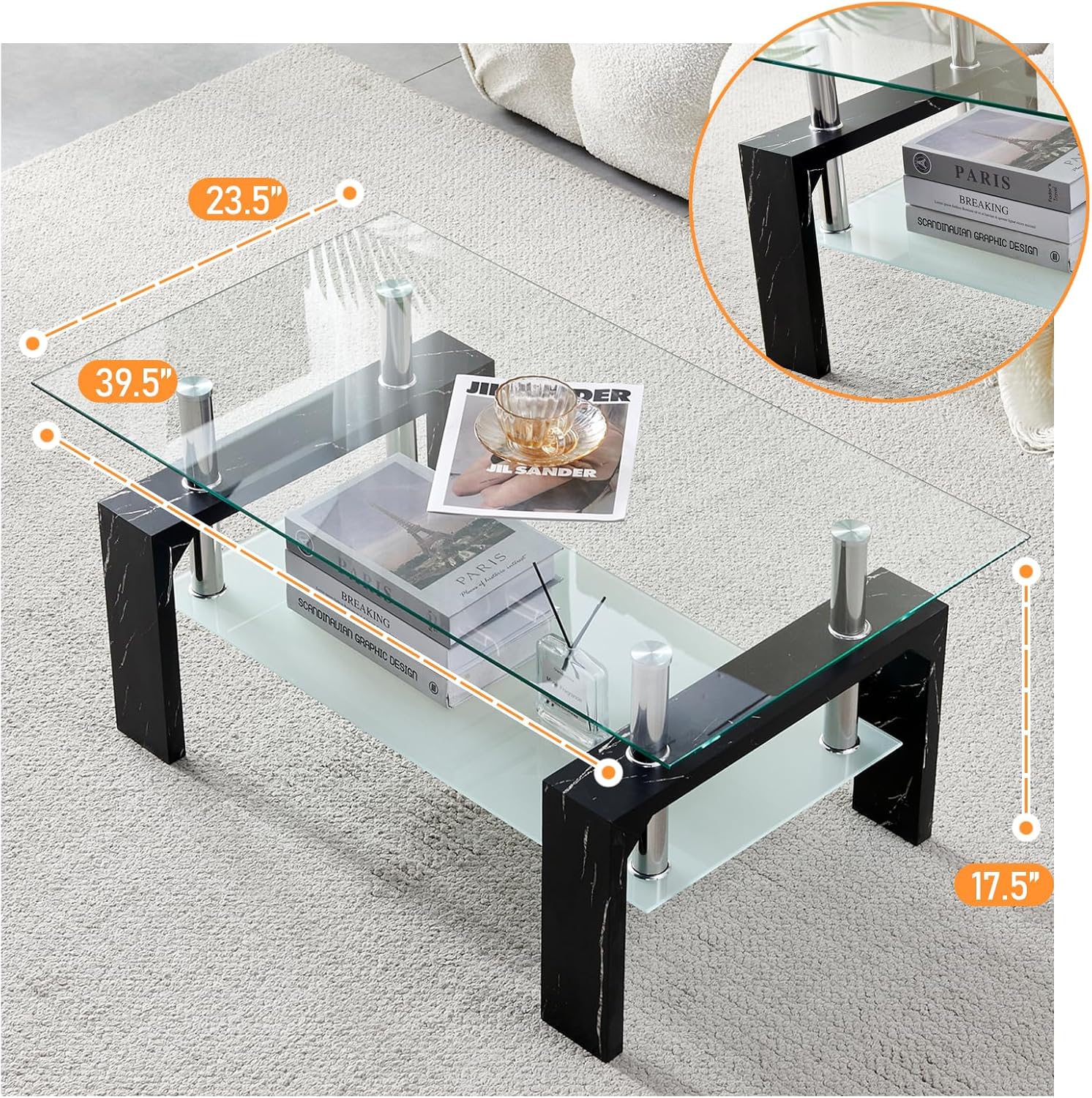 Living Room Rectangle Coffee Table, Tea Table Suitable for Waiting Room, Modern Side Coffee Table with Wooden Leg, Glass Tabletop wourant