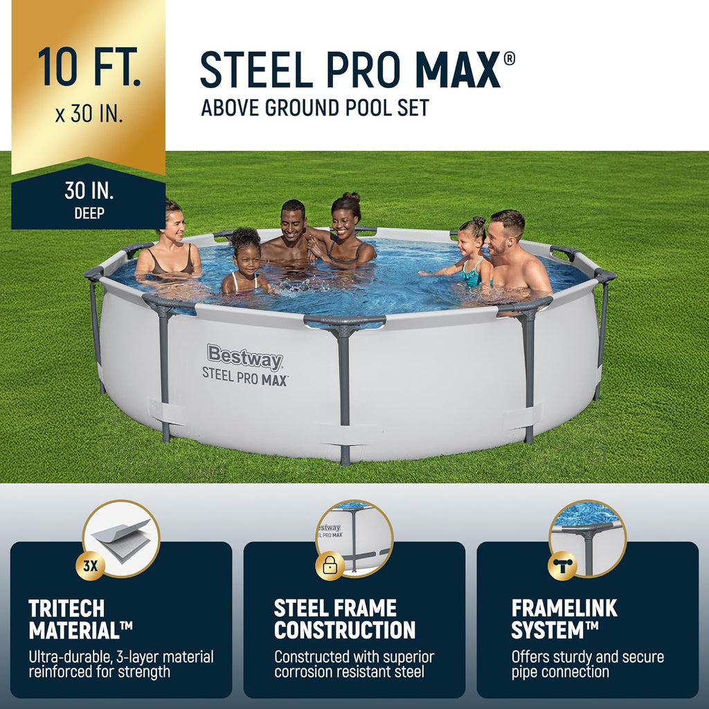 Steel Pro MAX 10 Foot x 30 Inch Round Metal Frame Above Ground Outdoor Backyard Swimming Pool Set with 330 GPH Filter Pump wourant