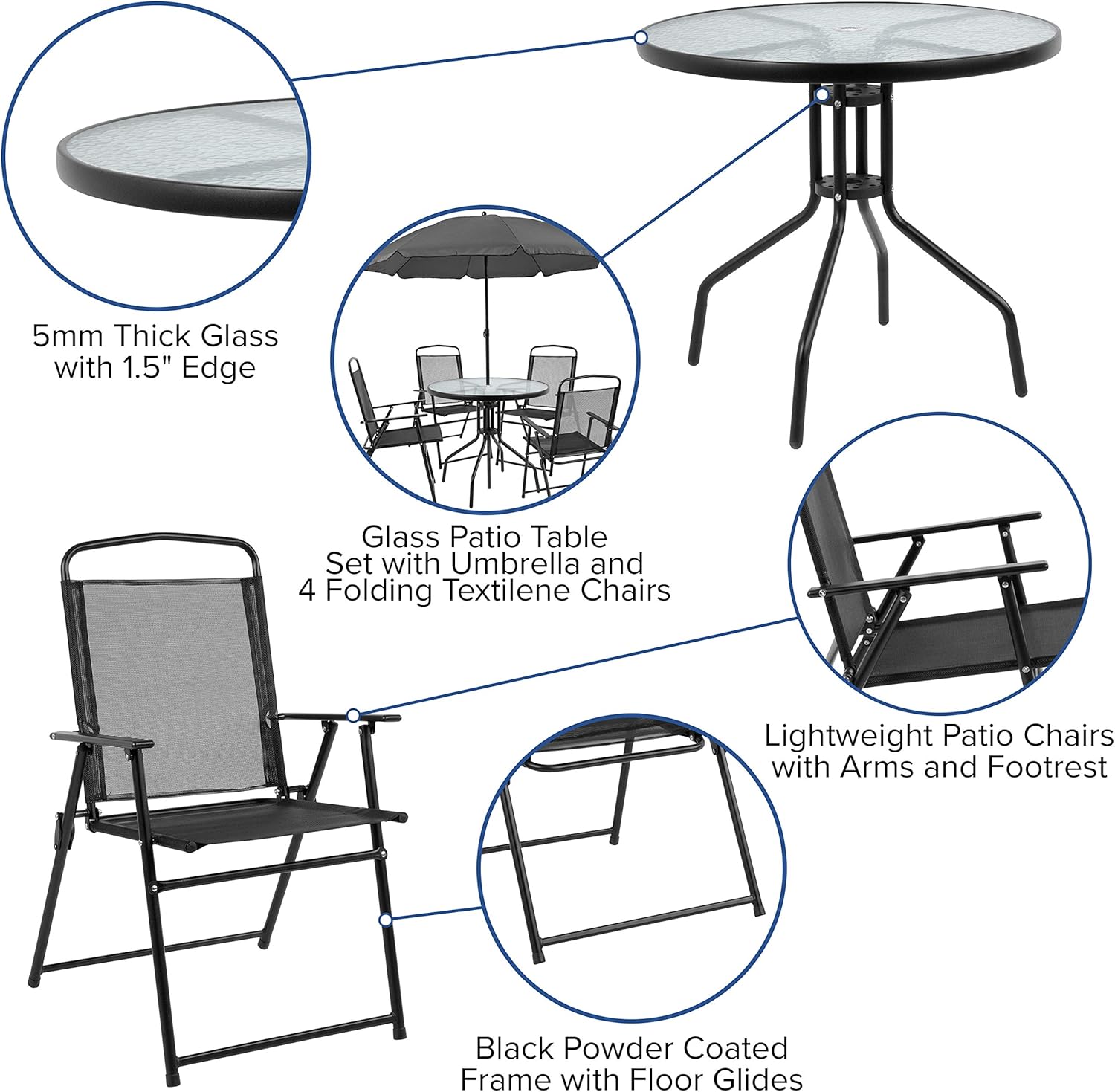 EMMA + OLIVER 6 Piece Brown Patio Garden Set with Umbrella Table and Set of 4 Folding Chairs wourant