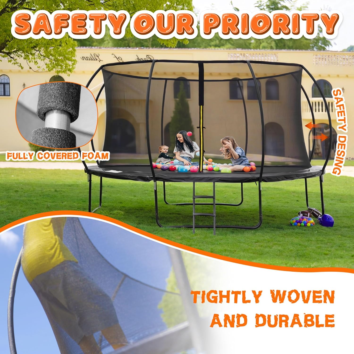 Trampoline 8FT 10FT 12FT 14FT 16FT, Recreational Trampolines with Enclosure Net and Ladder, Outdoor Anti-Rust Trampolines for Kids and Adults, ASTM Approved wourant