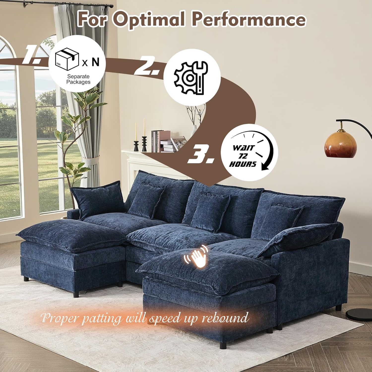 108 Inch U Shape Sofa Sectional Sofa Comfortable Cloud Sofa with Removable Footstool wourant