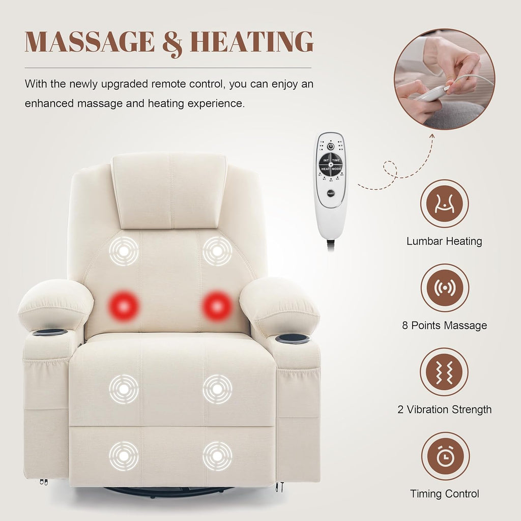 Large Swivel Rocking Recliner with Heating and Massage Function, 360 Degree Swivel Rocking Single Sofa wourant