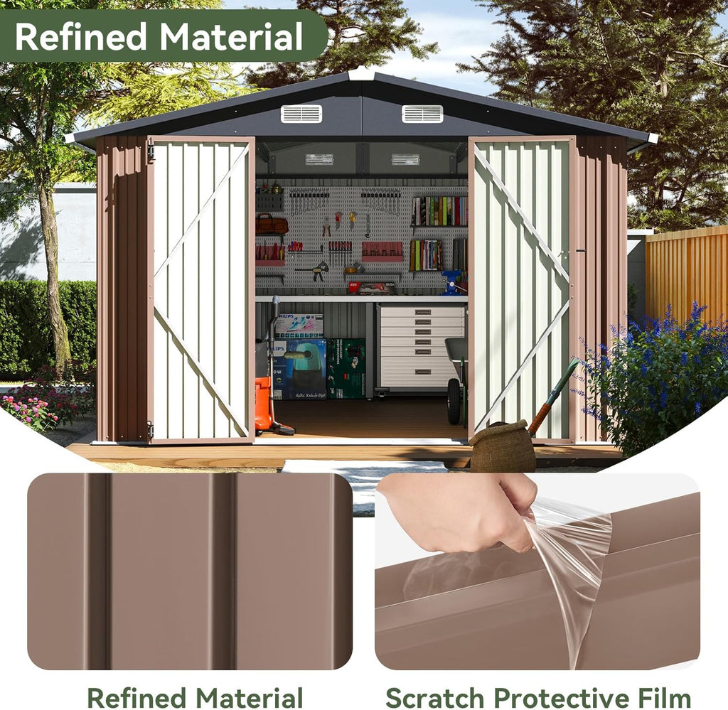 Aoxun 12x10 FT Shed Metal Outdoor Waterproof Storage Shed Steel Utility Garden Tool Shed with Door & Lock Outdoor Storage for Garden Patio Lawn Poolside, Brown wourant