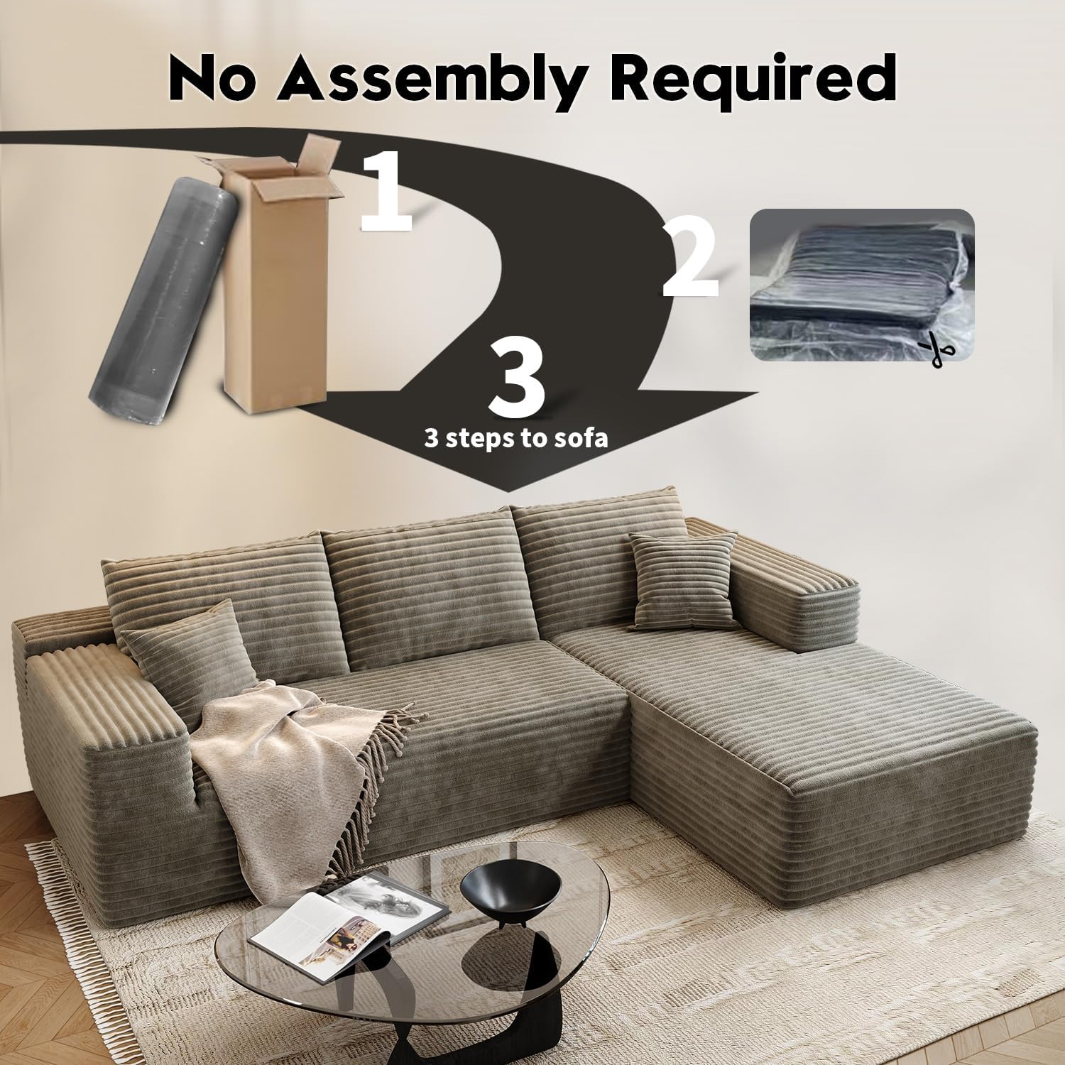 107.5 inch Cloud Modular Sectional Sofa with L-Shaped Chaise Lounge, Modern Minimalist Upholstered Sofa Deep Seating Corner Sofa wourant