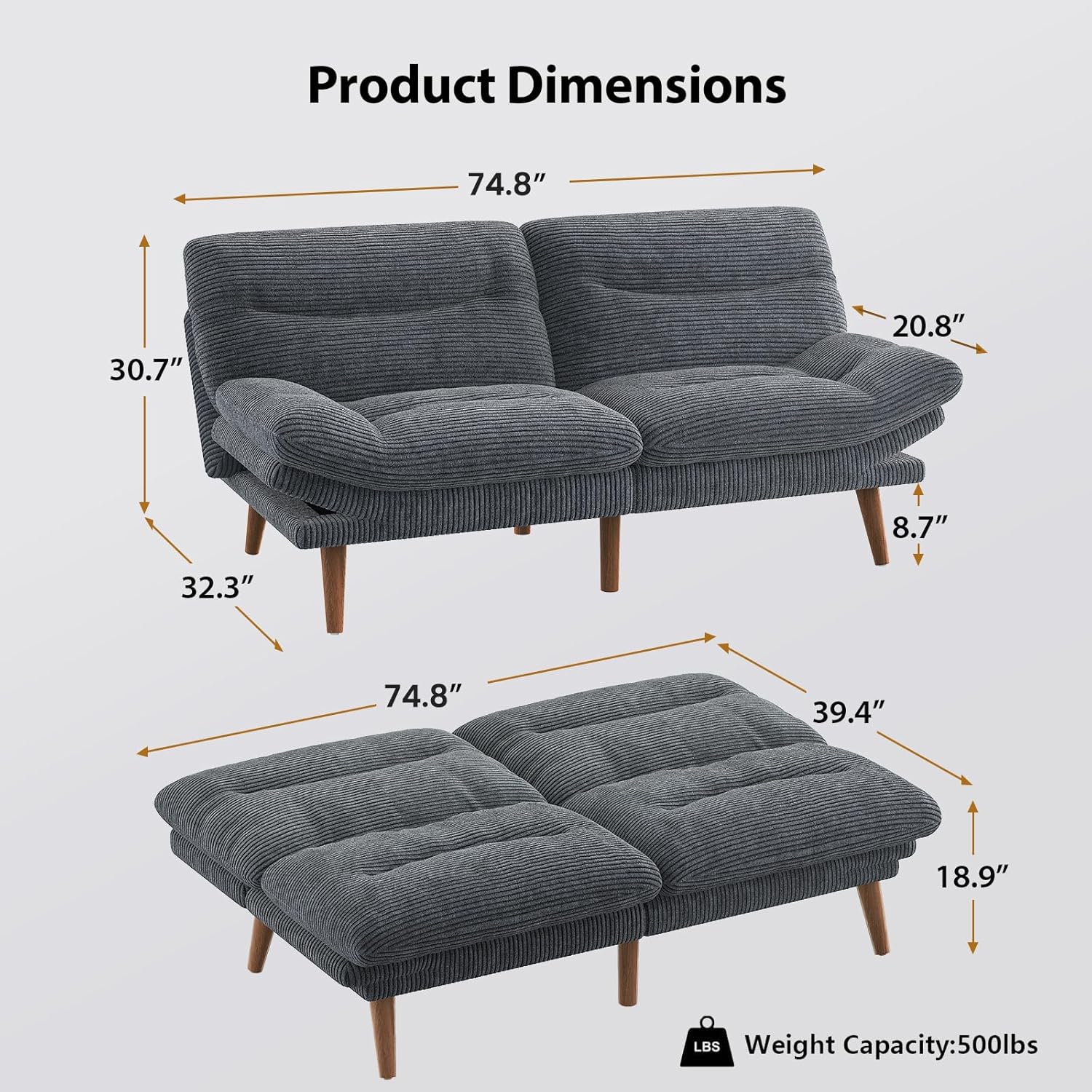 Convertible Futon Sofa Bed, 66 Inch Corduroy Futon Sofa Recliner Sofa Bed for Small Spaces, Playrooms or Offices wourant