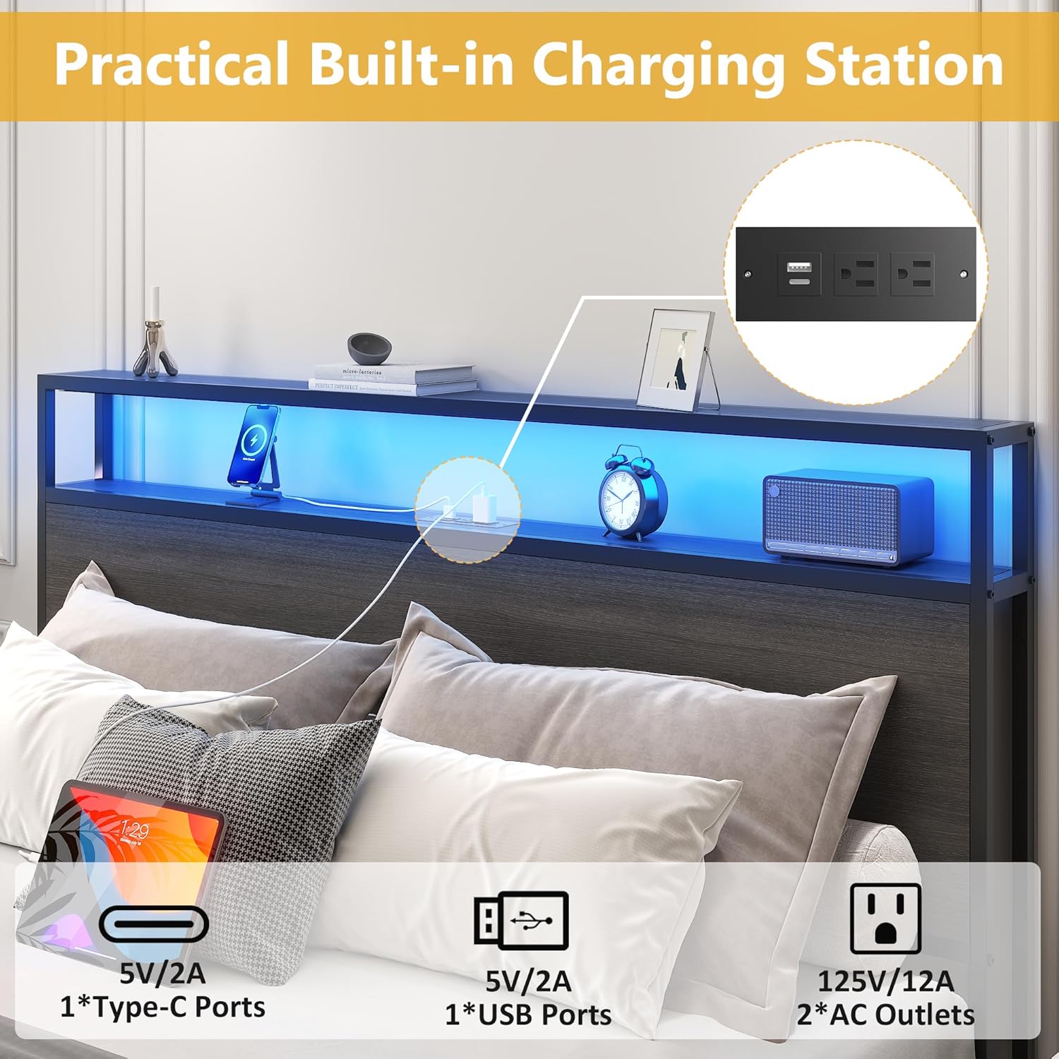 Lifezone Queen Bed Frame with 2-Tier Storage Headboard, Metal Platform Bed Frame with 4 Storage Drawers, Built in Charging Station & LED, Noise-Free/Metal Support/No Box Spring Needed wourant