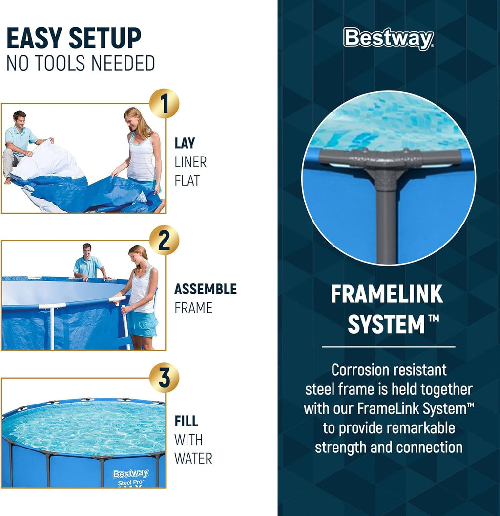 Steel Pro MAX 14 Foot x 48 Inch Round Metal Frame Above Ground Outdoor Swimming Pool Set with 1,000 Filter Pump, Ladder, and Cover, Gray wourant