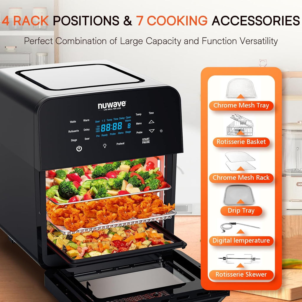 Nuwave Brio 15.5Qt Air Fryer/Oven quickly reheats, bakes, and dehydrates food with a temperature control range of 50°-425°F 1800W. wourant
