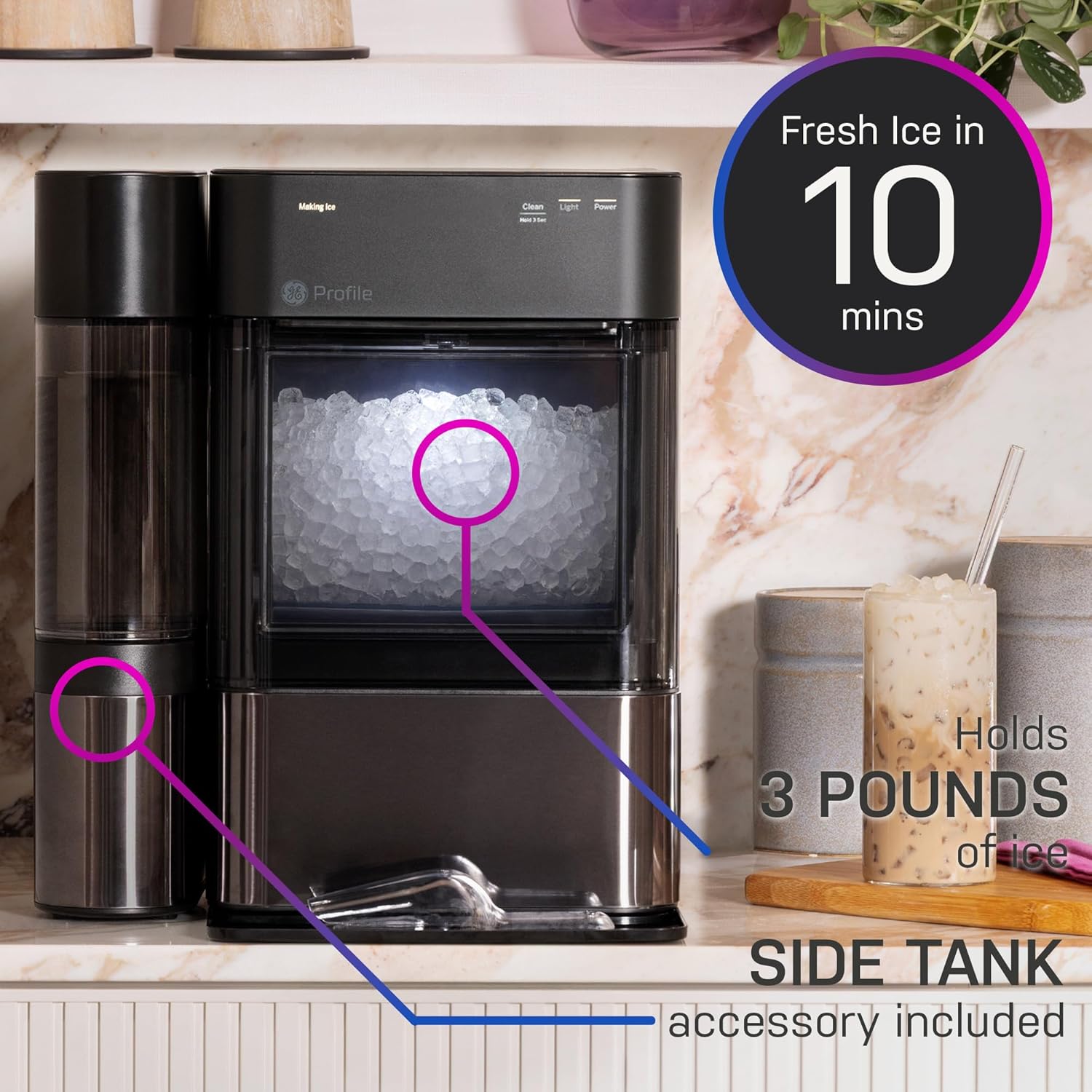 GE Profile Opal 2.0 XL with 1 Gallon Tank, Chewable Crunchable Countertop Nugget Ice Maker, Scoop included, 38 lbs in 24 hours, Pellet Ice Machine with WiFi & Smart Connected, Stainless Steel wourant