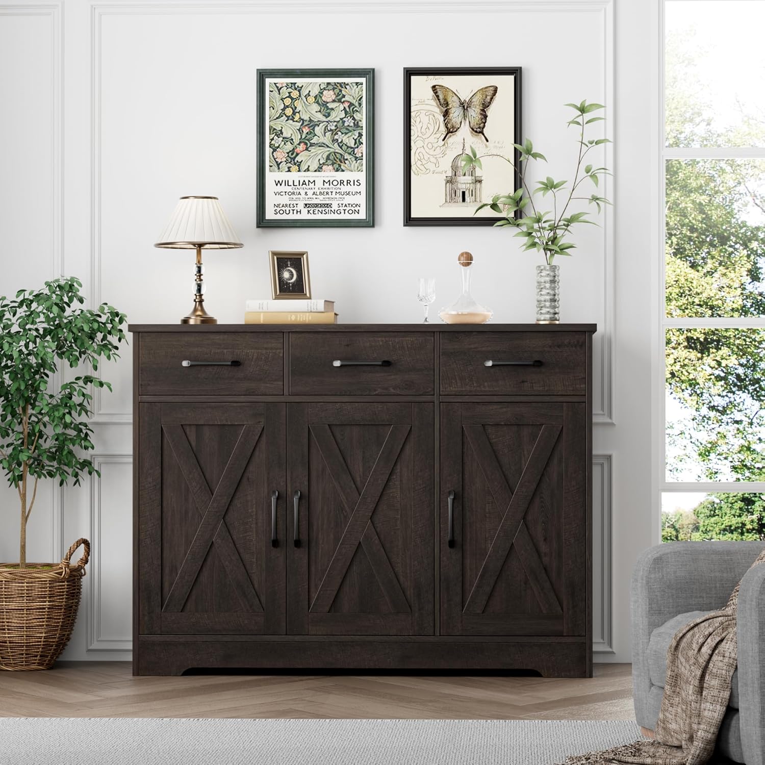 Modern farmhouse sideboard, barn door buffet storage cabinet with drawers and shelves, wooden coffee bar with storage wourant