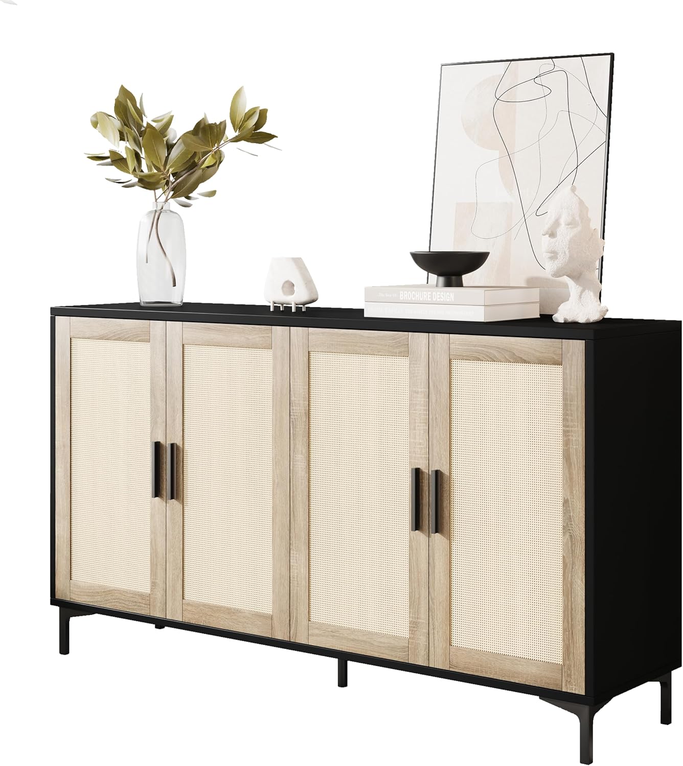 JASIWAY Buffet Cabinet with Storage 48" Rattan Sideboard Adjustable Shelves Modern Coffee Bar wourant