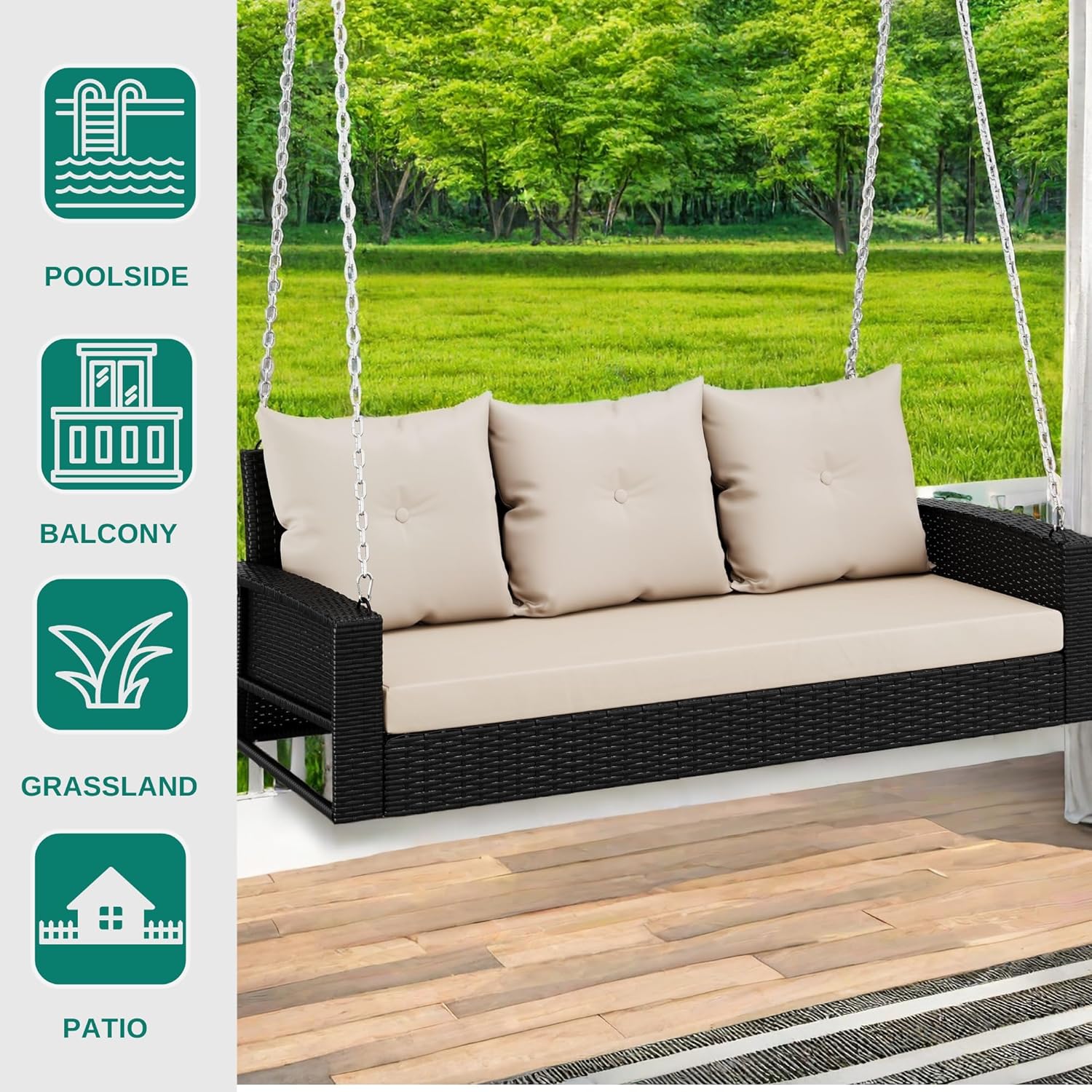 YITAHOME Hanging Porch Swing Chair Sits 3 People, Wicker Outdoor Swing Bench, Patio Lounge Chair, 1 Seating Cushion and 3 Back Cushions, w/Removable Covers, for Garden, Balcony, Backyard, Brown wourant