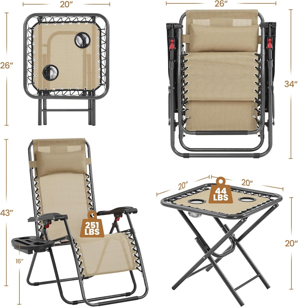 3PCS Zero Gravity Recliner Portable Outdoor Reclining Chair Set w/Side Table Folding Chaise Lounge Chairs wourant
