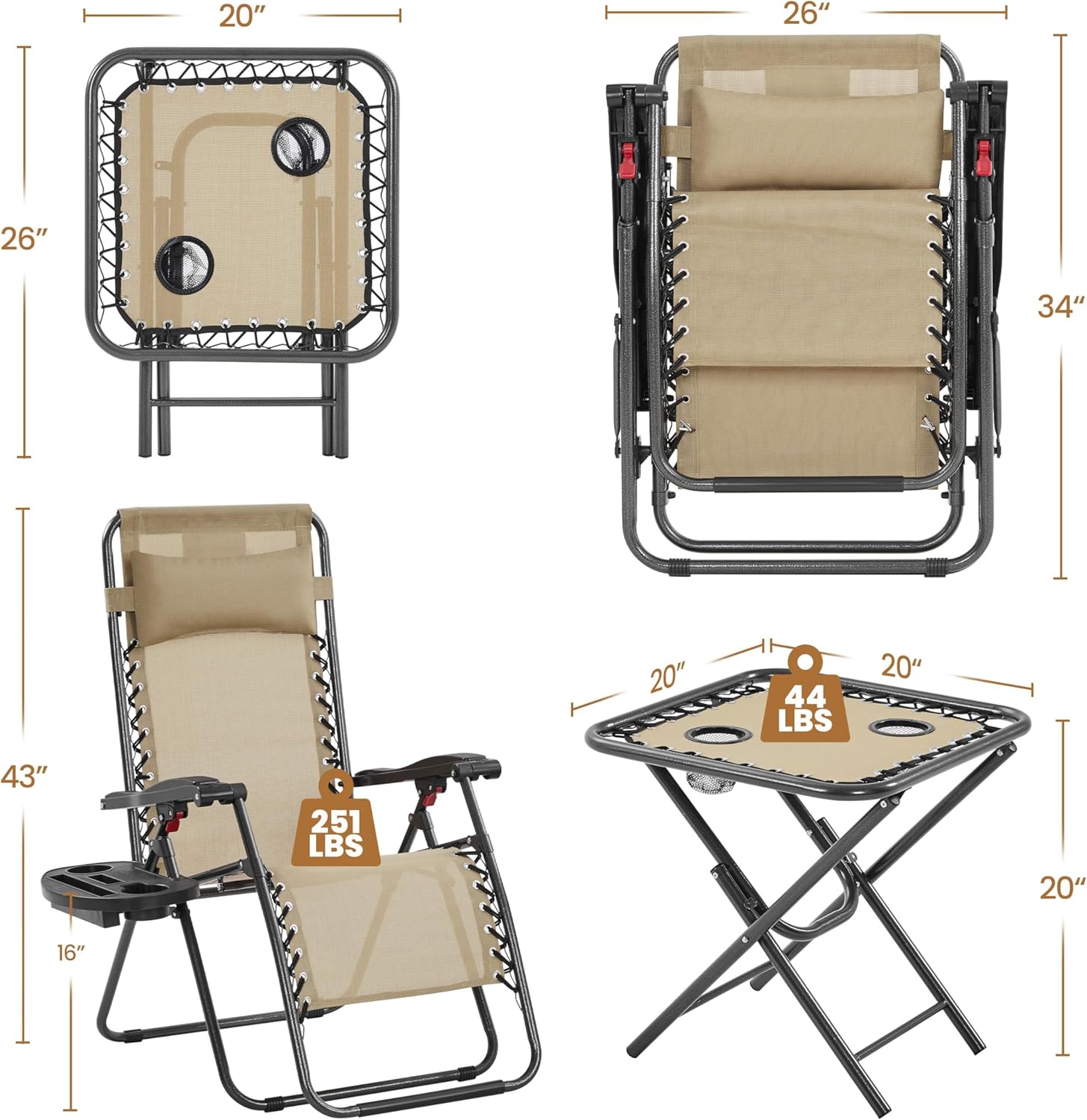3PCS Zero Gravity Recliner Portable Outdoor Reclining Chair Set w/Side Table Folding Chaise Lounge Chairs wourant