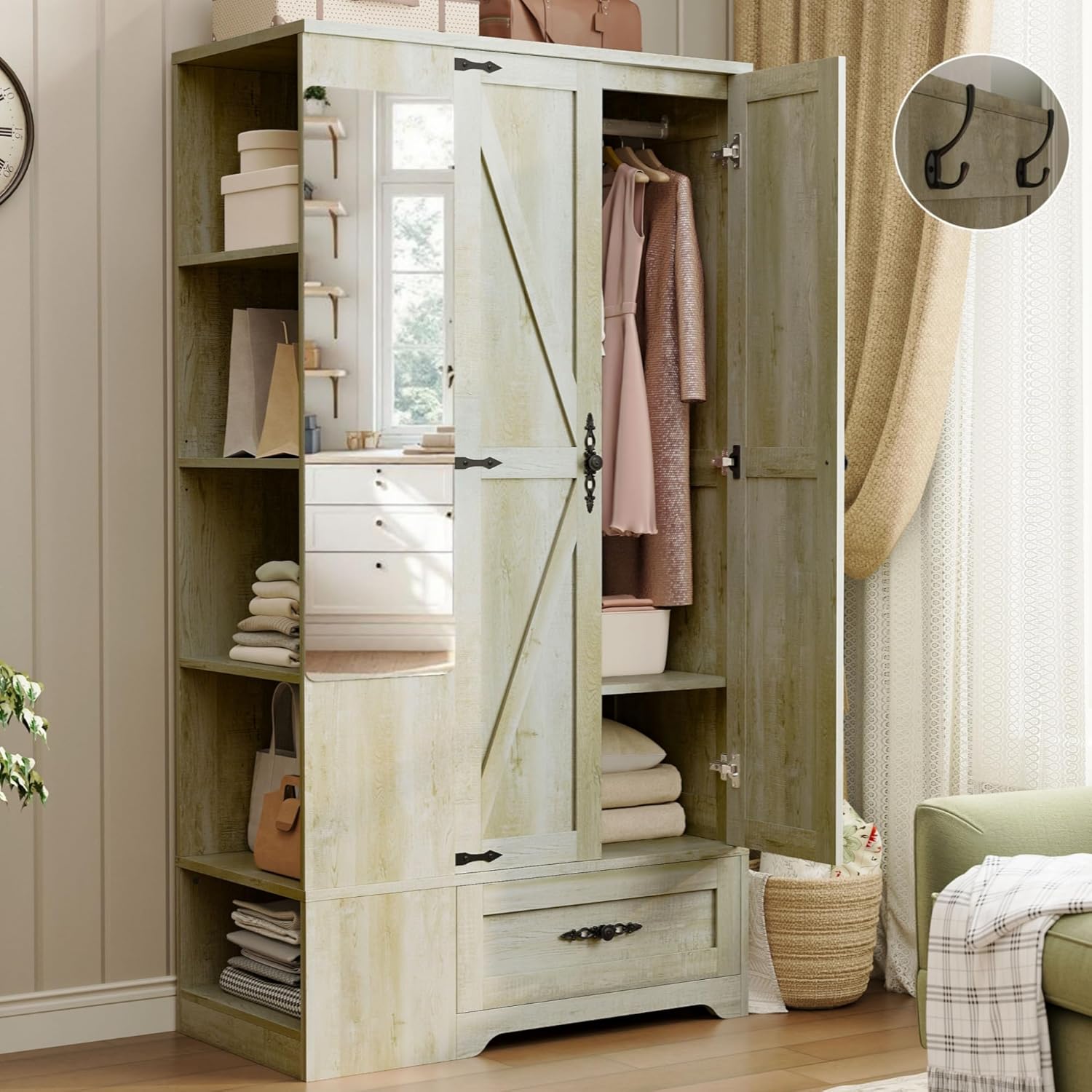 ANCTOR Armoire Wardrobe Closet with Mirror, 70" H Wooden Bedroom Armoires and Wardrobes wourant