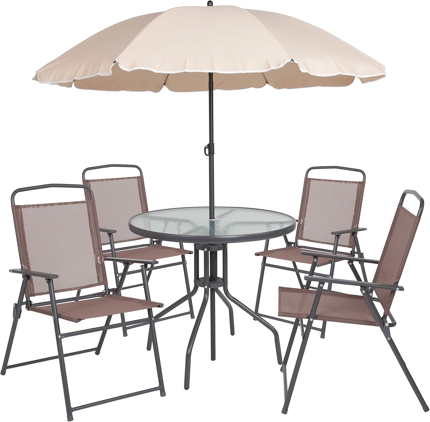EMMA + OLIVER 6 Piece Brown Patio Garden Set with Umbrella Table and Set of 4 Folding Chairs wourant