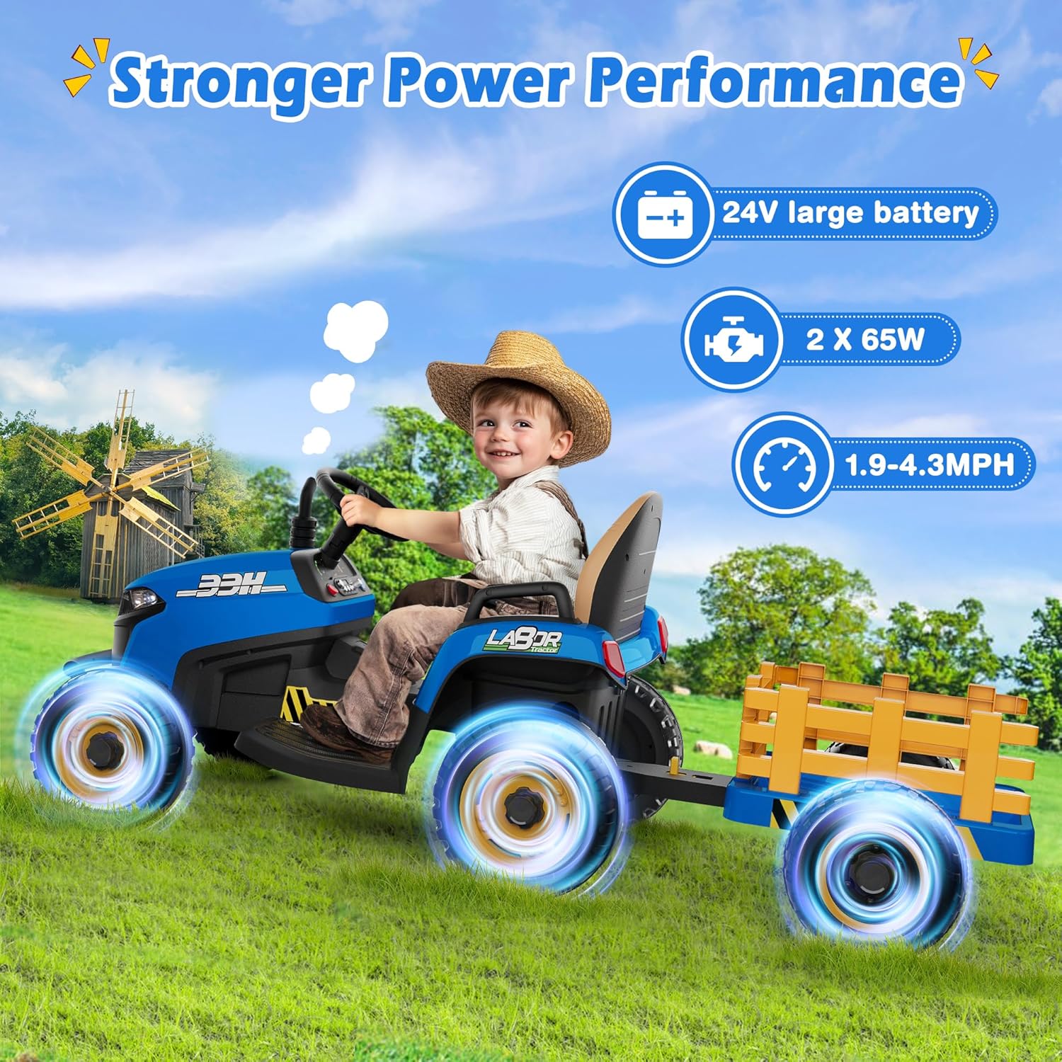24V Ride On Tractor w/Tiltable & Detachable Trailer, 2x65W Motors, EVA Tires, Remote Control, Bluetooth, Shifter, Music, Electric Car for Kids, Green wourant