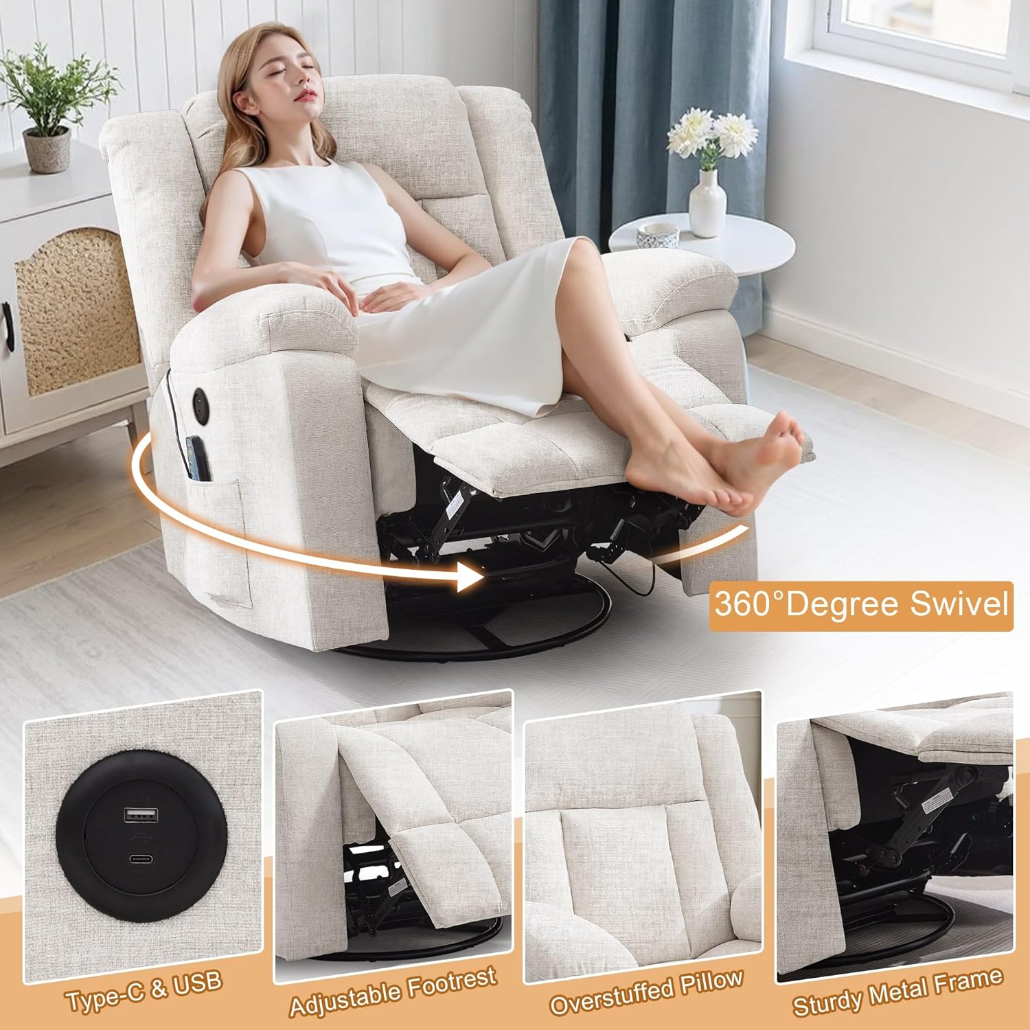 Rocker Recliner, Glider Recliner Chairs for Adults, 360° Swivel Rocking Chair with Massage and Heating, Nursery Chair with Storage and USB Charging for Living Room, Bedroom, Nursery wourant
