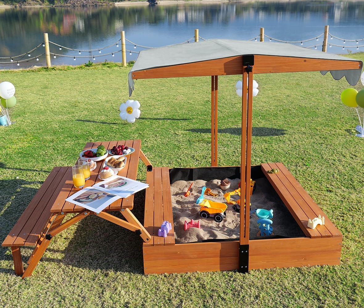 Wooden Kids Sandbox with Lid Outdoor Sand Box with Picnic Table Foldable, Sandpit with Cover Ages 4-8, Adjustable Canopy Bottom Liner for Backyard Garden wourant