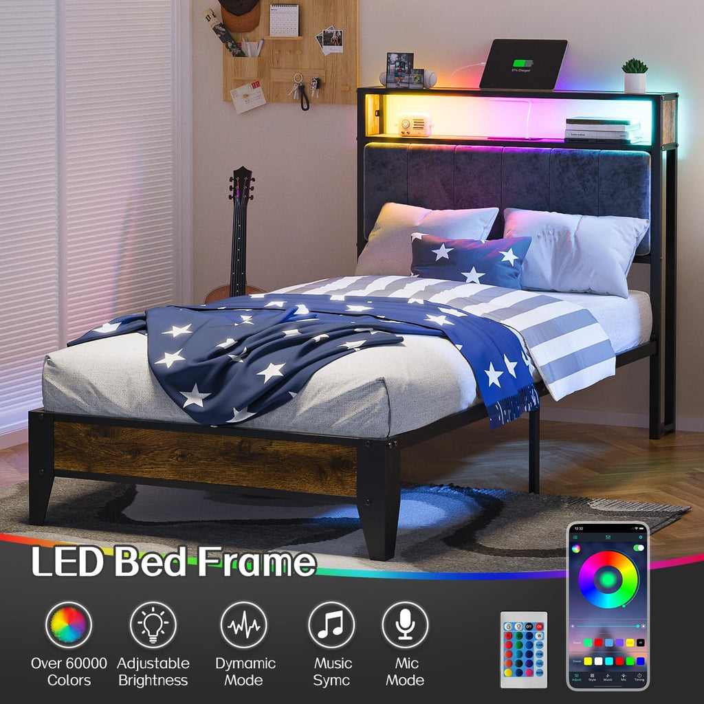 OLEVS Single Bed Frame LED Light Storage Headboard Charging Station Metal Platform Bed wourant