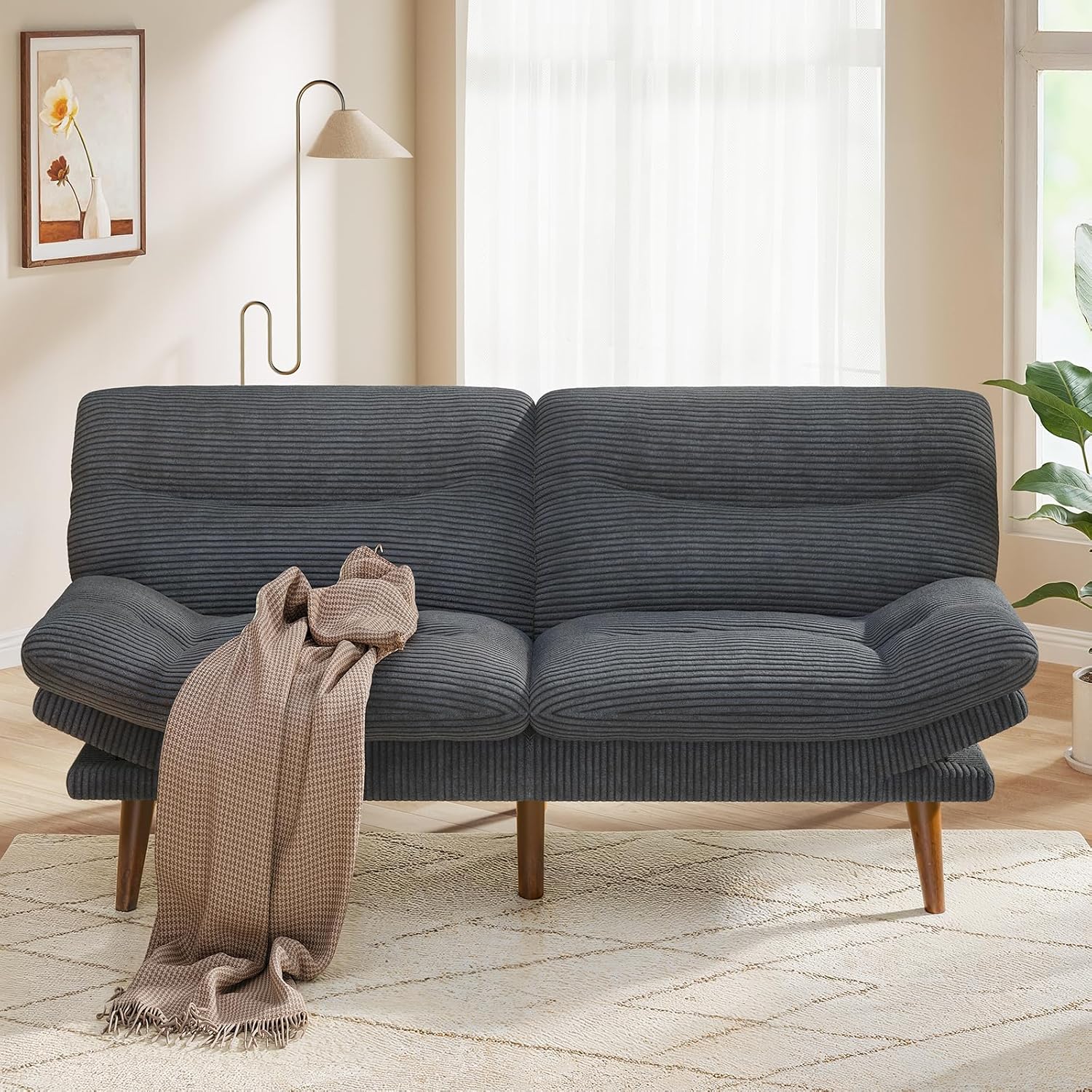 Pipishell Convertible Futon Sofa Bed,66" Corduroy Futon Couch with Adjustable Backrest and Armrests, Recliner Sleeper Sofa for Small Spaces, Play Room or Office, Grey wourant