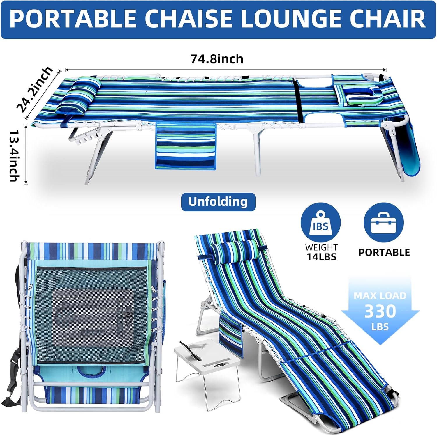 3-in-1 Beach Chair Face Holes Lounge Chair Outdoor with Folding Side Table 5-Position Recliner, Lay Flat Removable Pillow Heavy Duty, Max 330lbs, Poolside, Patio, Camping Backyard Striped Blue wourant